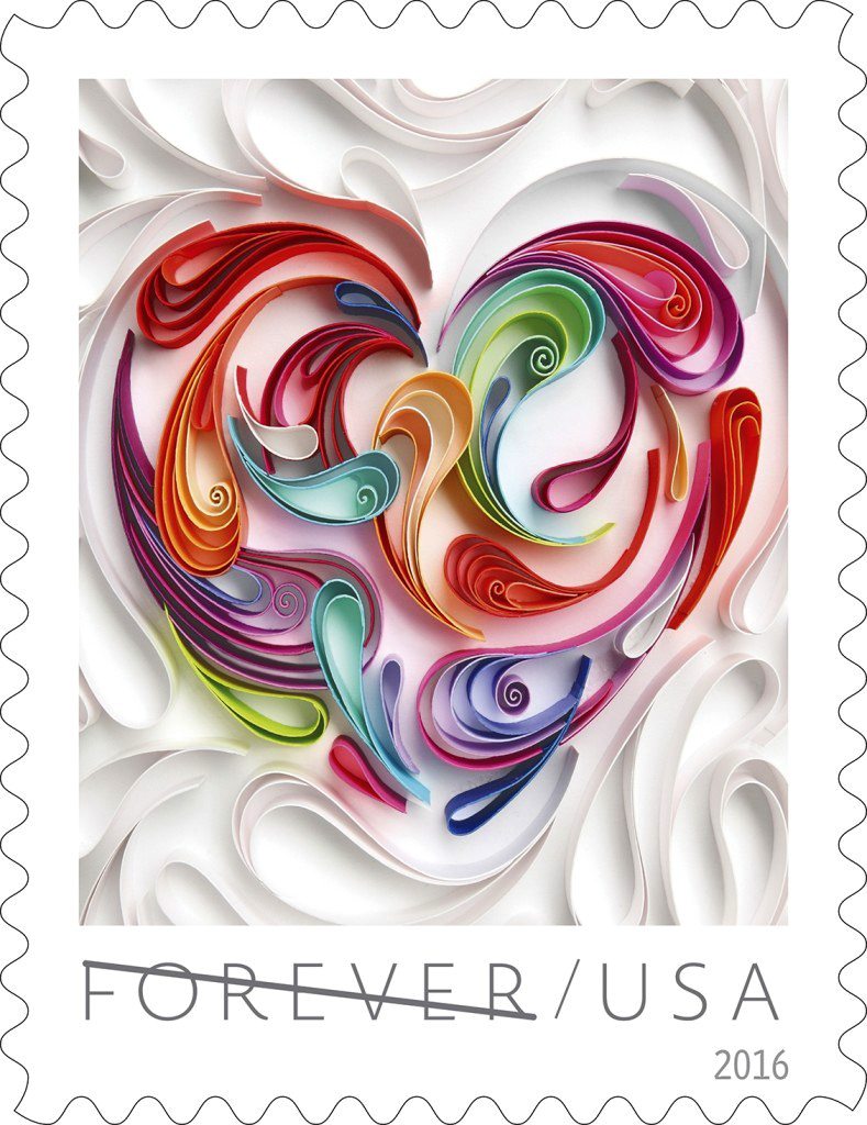 The 2016 &quot;Love&quot; stamp, created by quilling artist Yulia Broadskaya. (U.S.