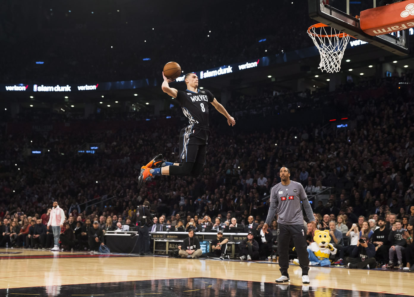 Minnesota Timberwolves&#039; Zach LaVine slam dunks the ball during the NBA all-star skills competition in Toronto on Saturday, Feb. 13, 2016.