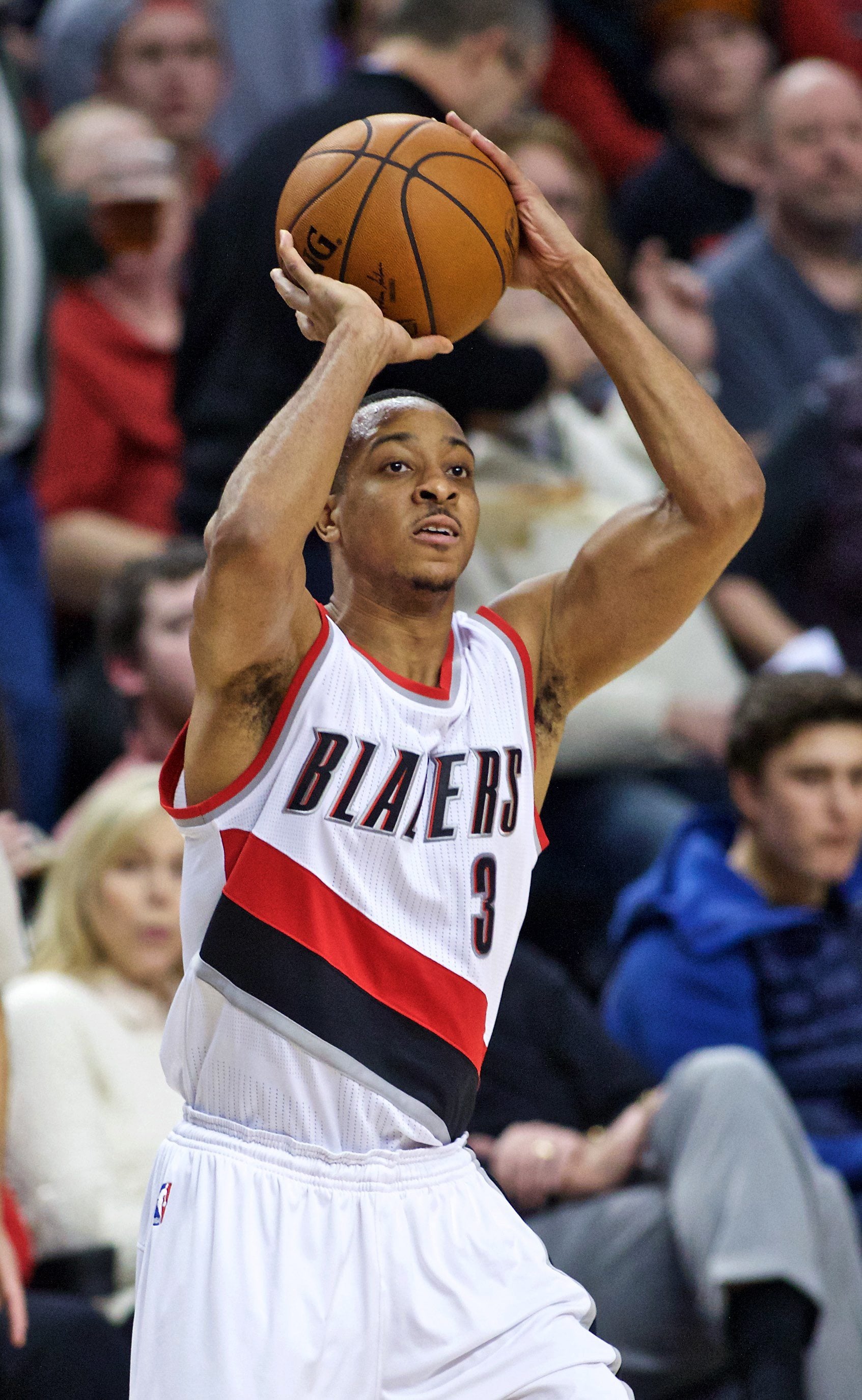 Portland Trail Blazers guard C.J. McCollum shoots against the Minnesota Timberwolves during the second half of an NBA basketball game in Portland, Ore., Sunday, Jan. 31, 2016. The Trail Blazers won 96-93.