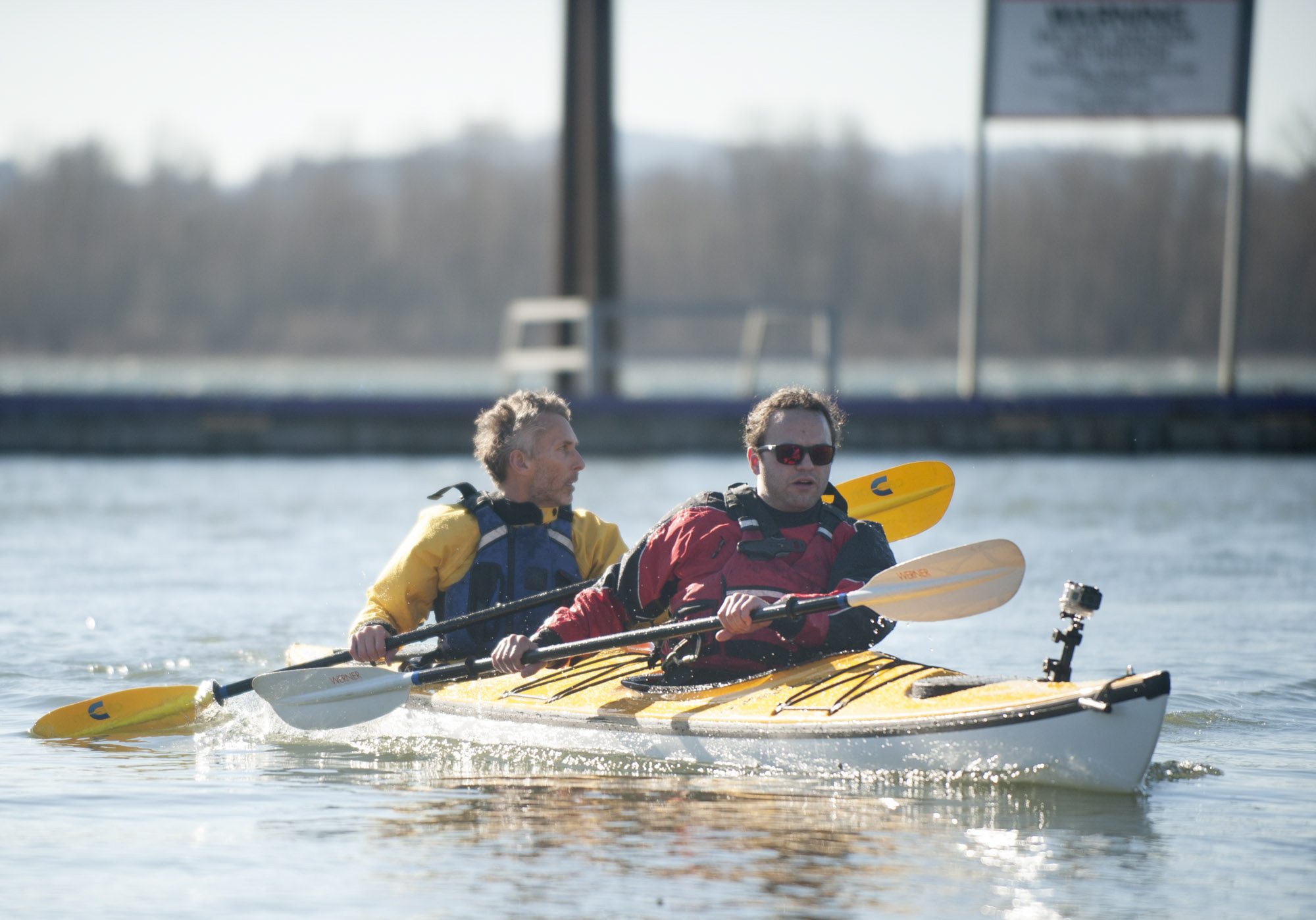 On Monday, Deputy Director of the Lower Columbia Estuary Partnership Chris Hathaway, left, and Columbian reporter Dameon Pesanti kayak at the Port of Camas-Washougal, a stop on the Lower Columbia River Water Trail.