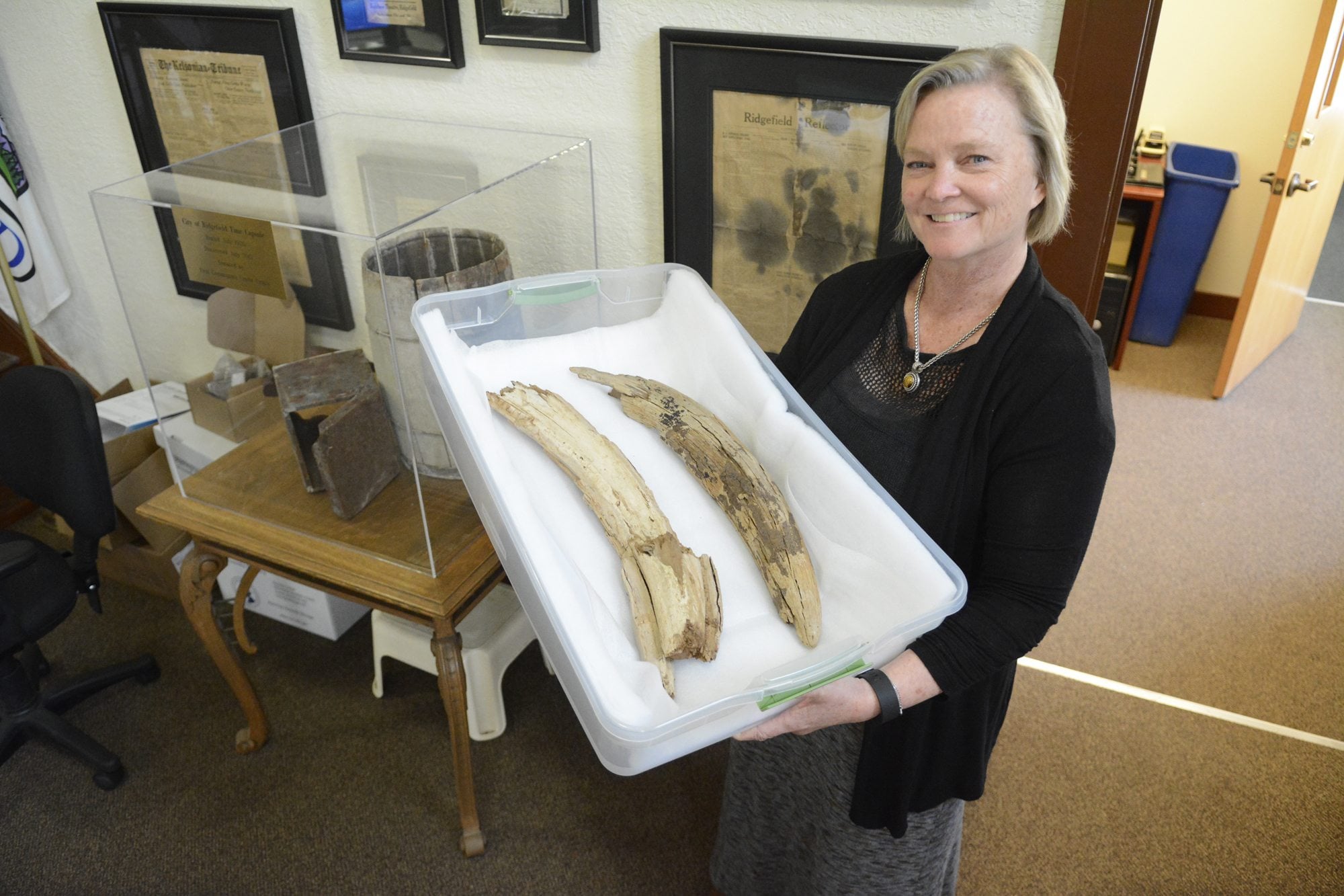Lee Knottenerus, administrative service director for the city of Ridgefield, holds one of three containers containing the remains of a 20,000-year-old mammoth tusk discovered locally in 2010.