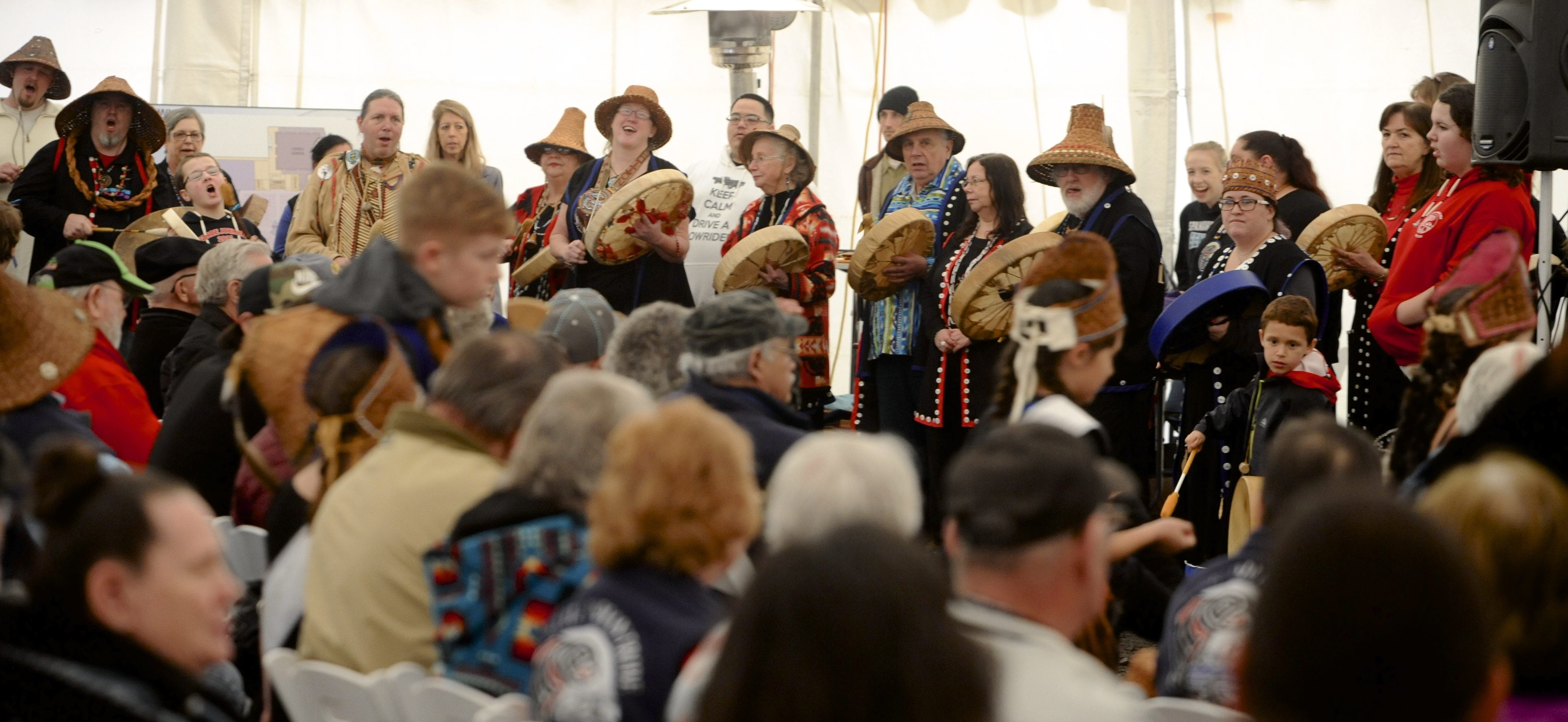 Members of the Cowlitz Tribe sing and drum Sunday during a celebration of the start of construction of the tribe&#039;s casino-resort near La Center.