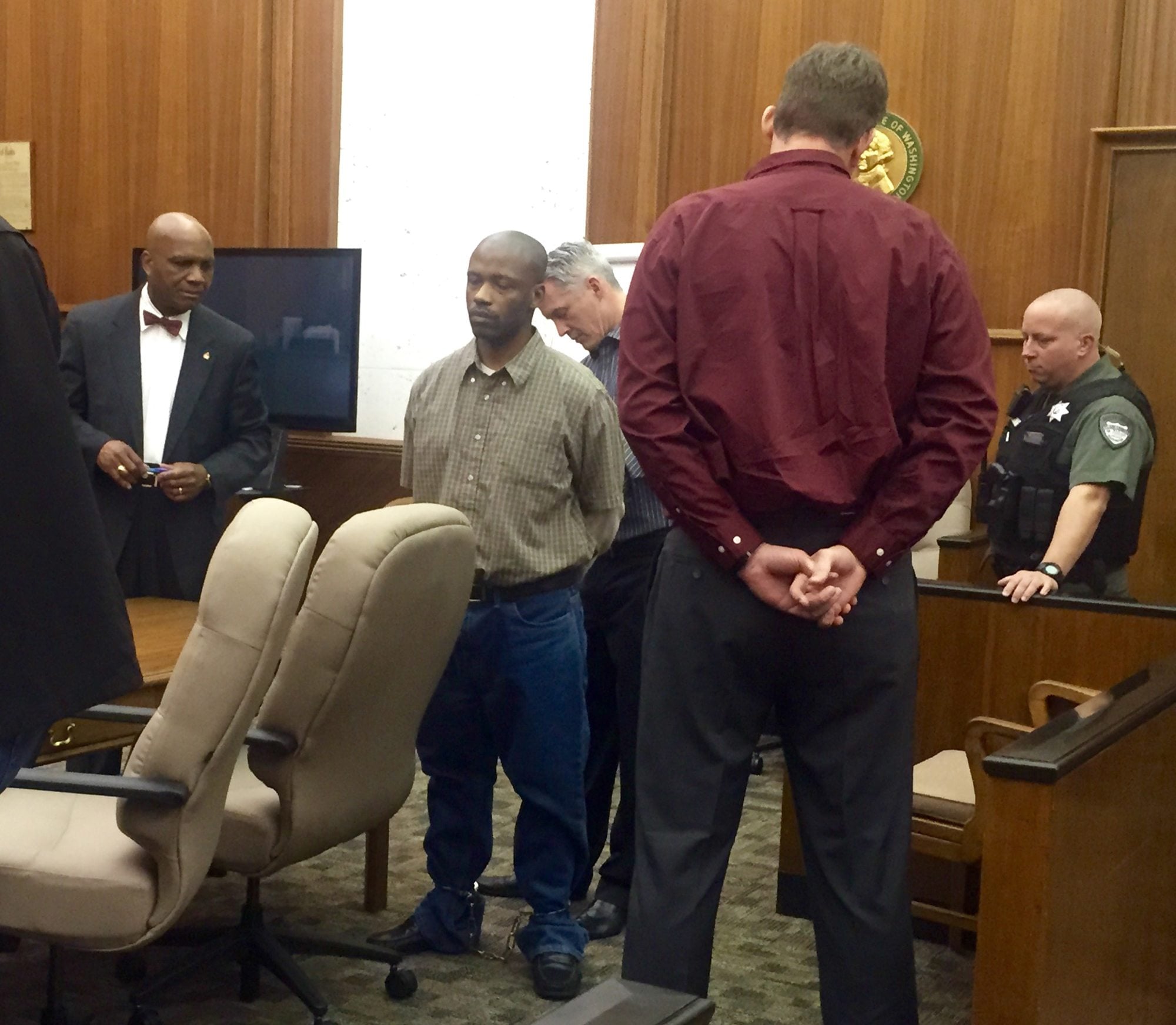 Gregory Wright is handcuffed following the jury&#039;s verdict in his kidnapping trial. Wright was found guilty Thursday in Clark County Superior Court of first-degree kidnapping and attempted second-degree assault.
