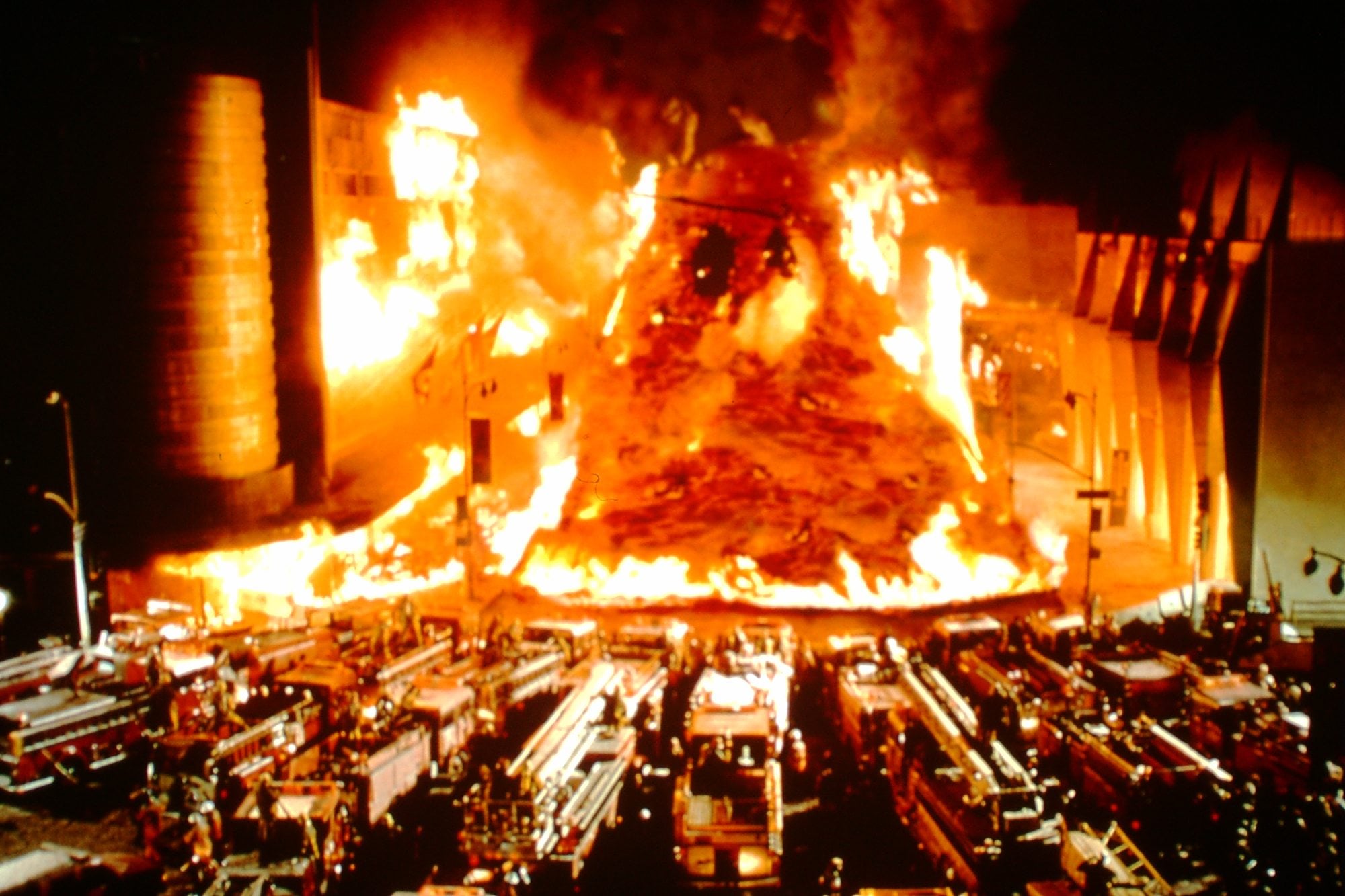 Molten lava flows through the streets of Los Angeles in this shot from the 1997 movie &quot;Volcano.&quot; (20th Century Fox)