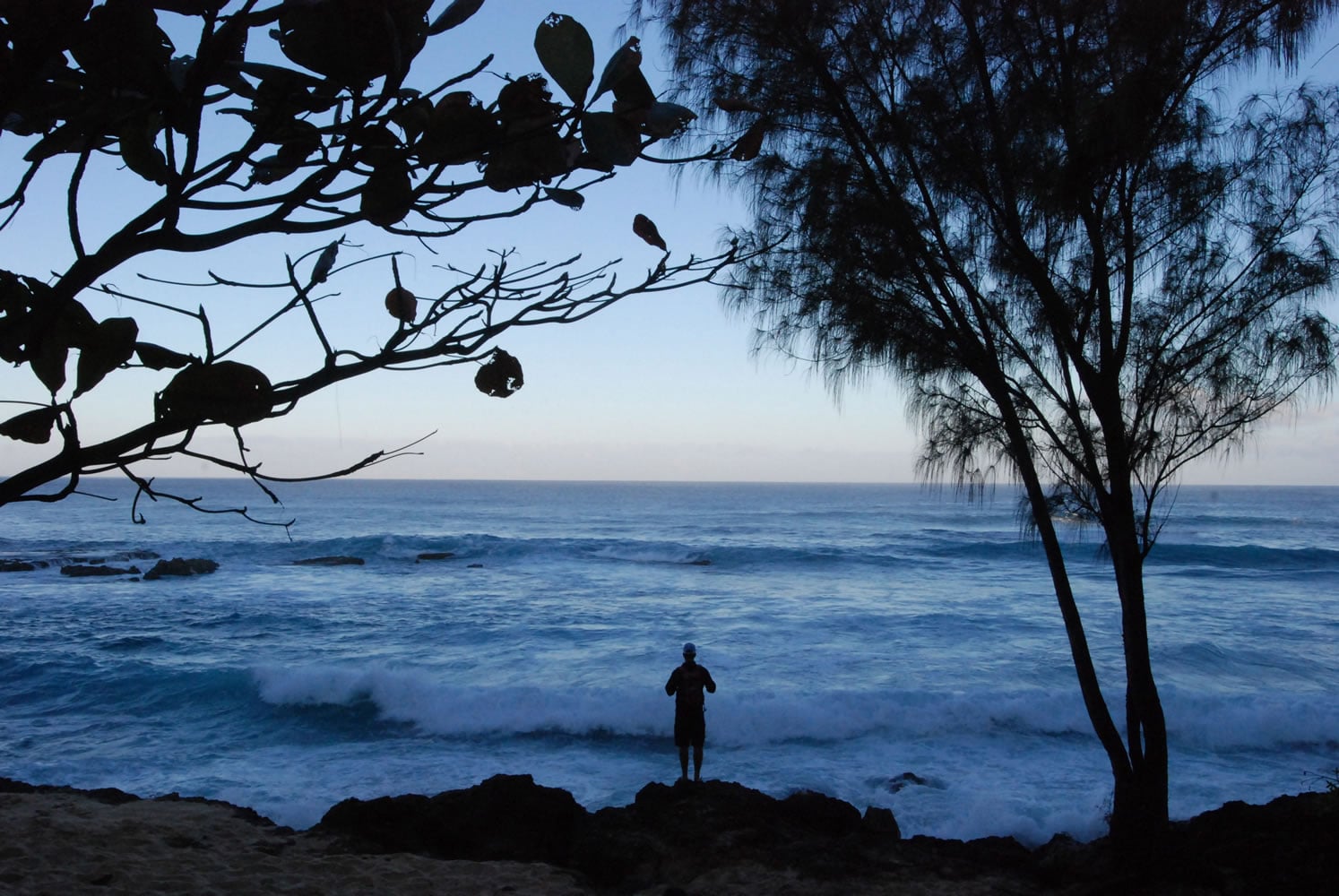 A man watches the ocean Wednesday near Waimea Bay, Hawaii. Spectators packed the beach before dawn for a big-wave surfing competition, but the waves weren&#039;t big enough for the event to go ahead.