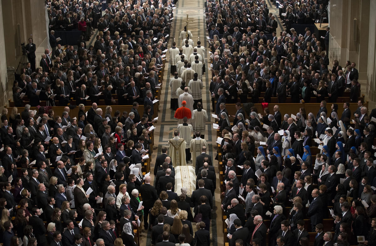 The procession during the funeral mass for the late Supreme Court Associate Justice Antonin Scalia, at the Basilica of the National Shrine of the Immaculate Conception in Washington, Saturday, Feb. 20, 2016.