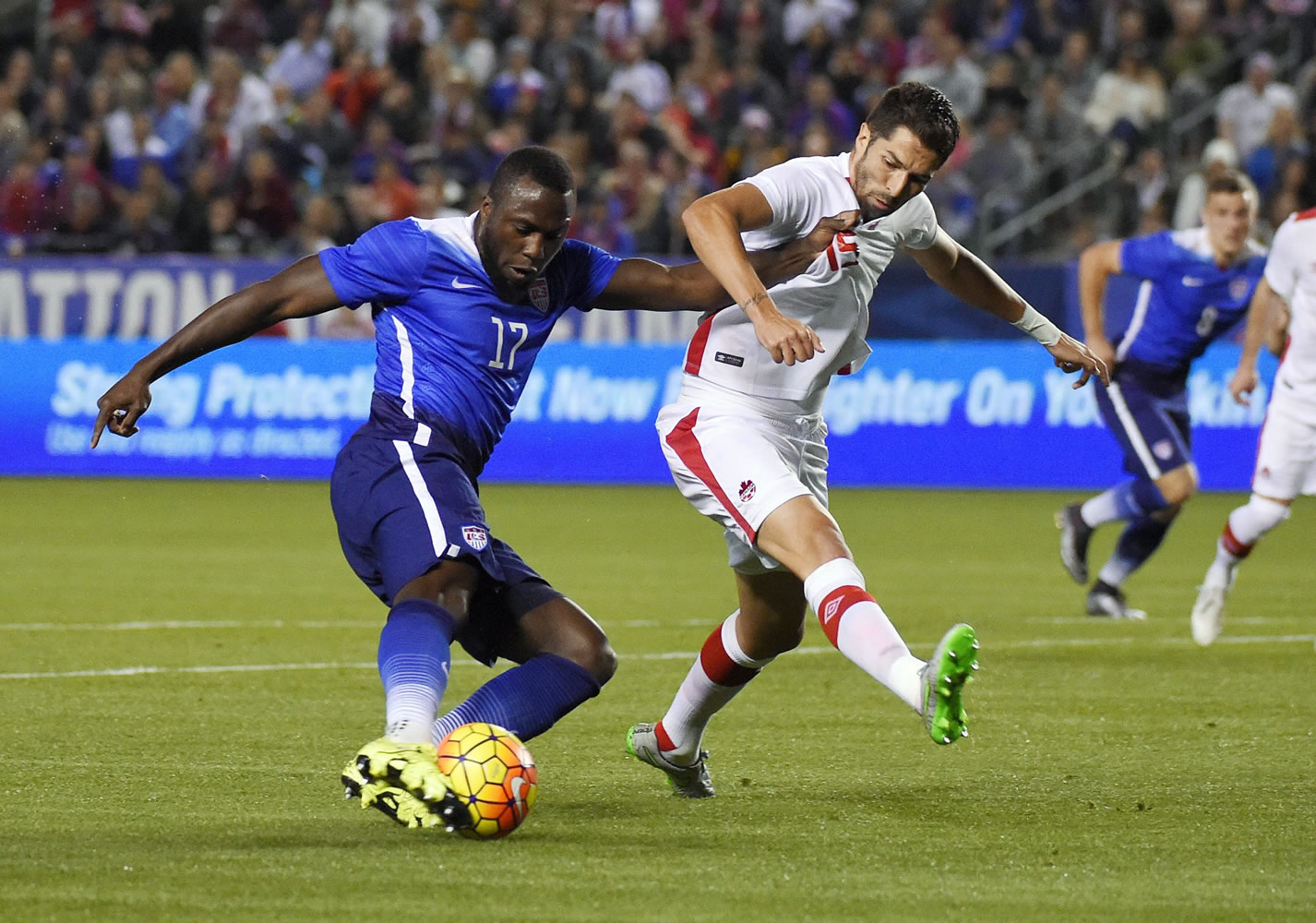 United States&#039; Jozy Altidore, left, and Canada&#039;s Steven Vitoria vie for the ball during the first half Friday at Carson, Calif. The U.S. won the friendly, 1-0. (Mark J.