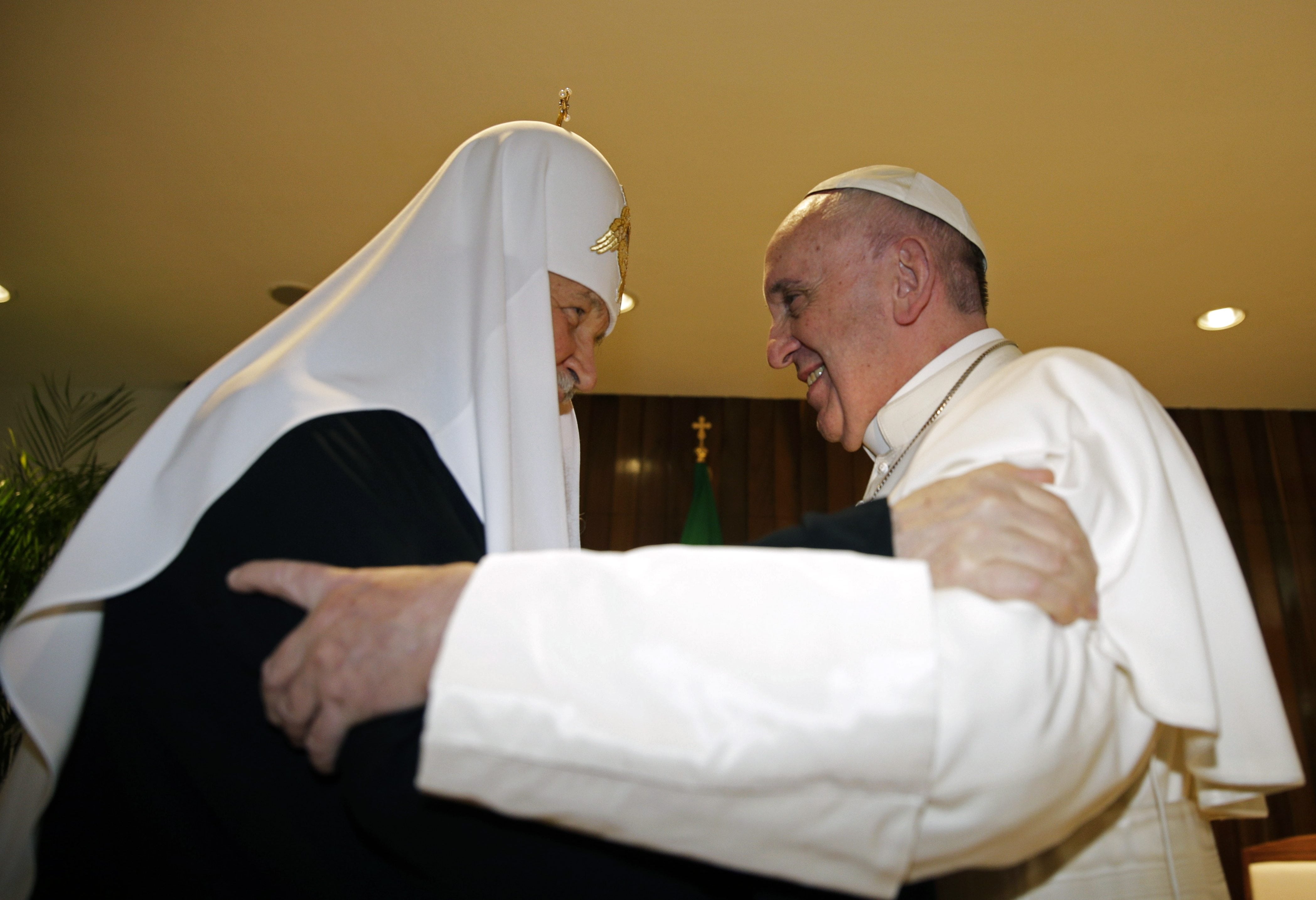 The head of the Russian Orthodox Church Patriarch Kirill, left,  and Pope Francis meet at the Jose Marti airport in Havana, Cuba, Friday. This is the first-ever papal meeting with the head of the Russian Orthodox Church, a historic development in the 1,000-year schism within Christianity.