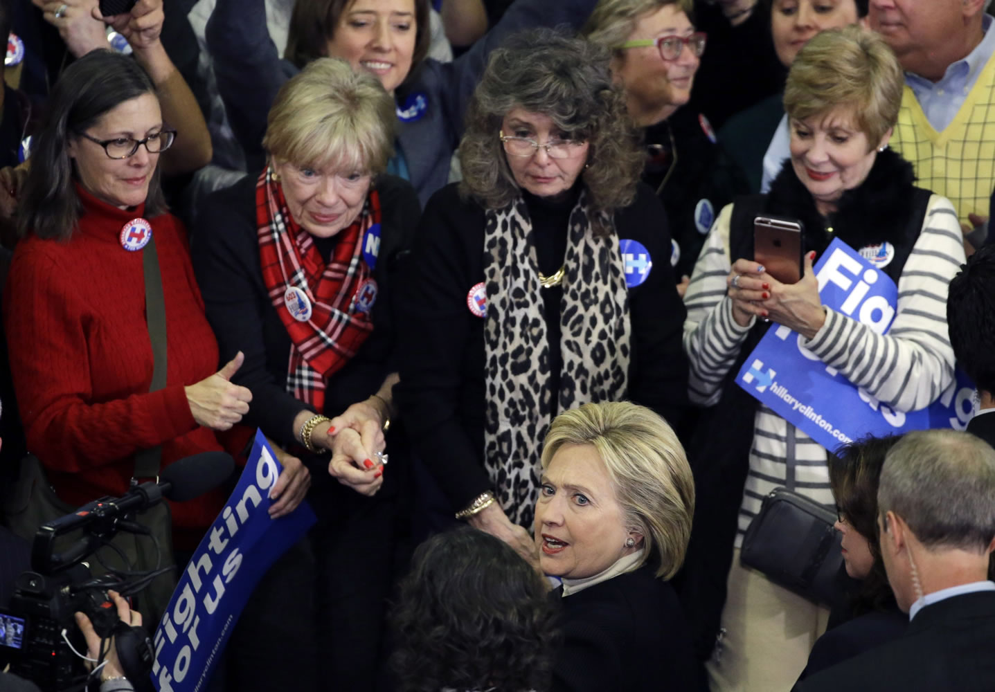 Democratic presidential candidate Hillary Clinton mingles with supporters at her New Hampshire presidential primary campaign rally Tuesday in Hooksett, N.H.