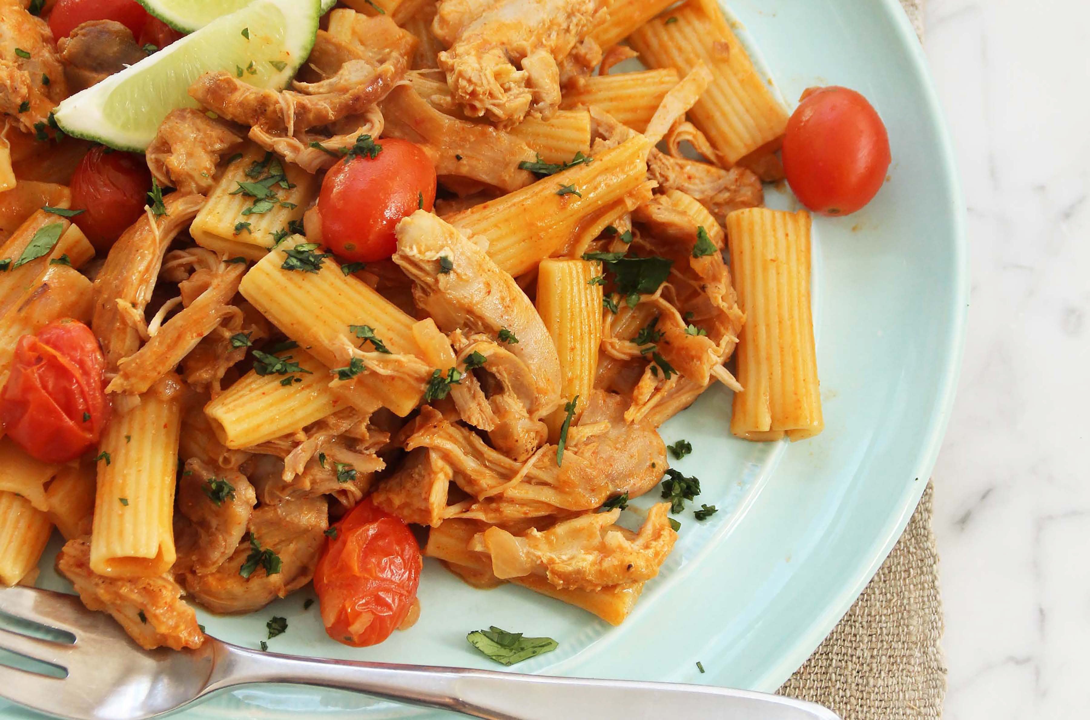 An easy weeknight pasta dinner made with shredded chicken.