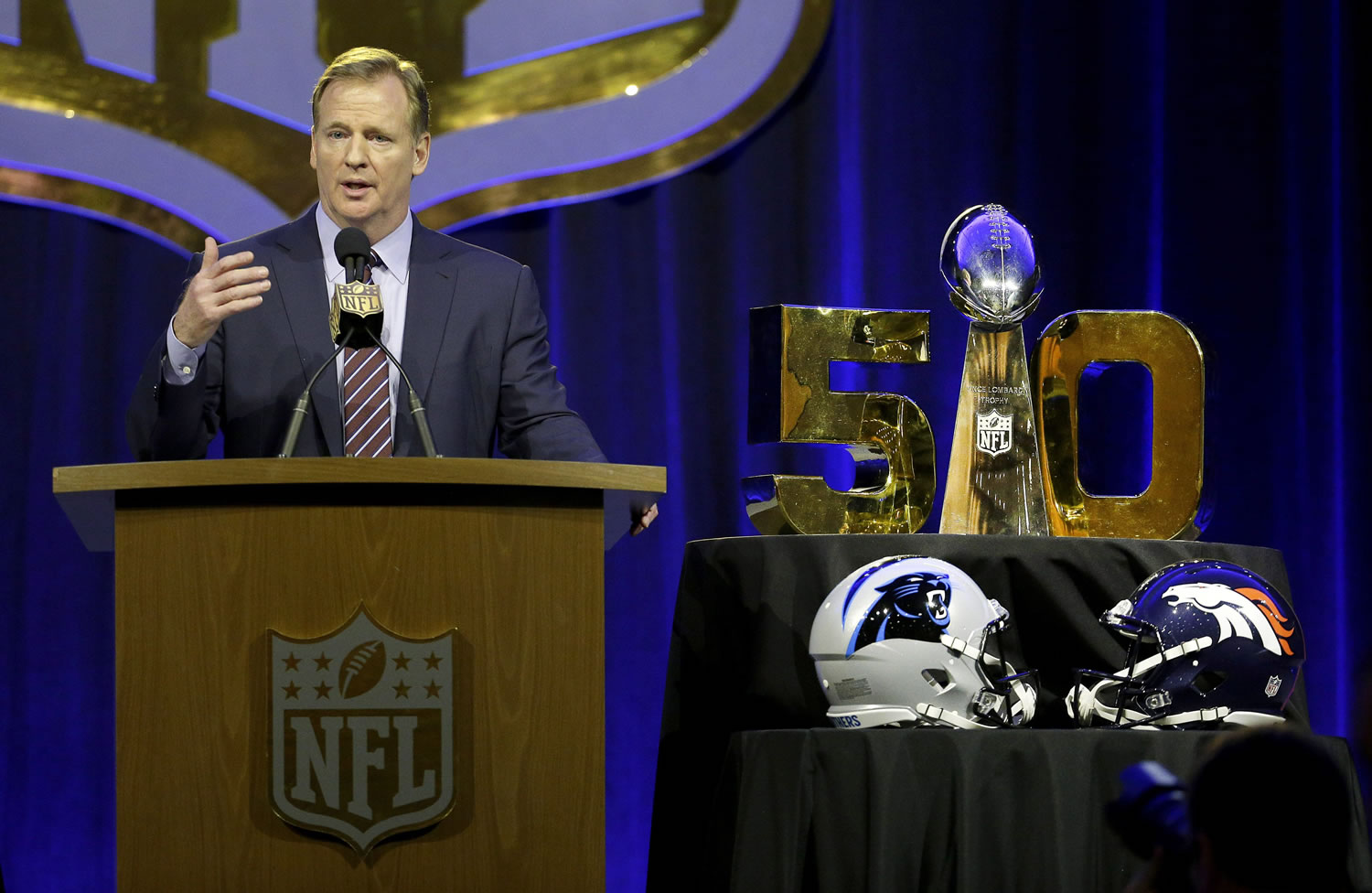 NFL Commissioner Roger Goodell speaks to the media during a news conference Friday, Feb. 5, 2016, in San Francisco.