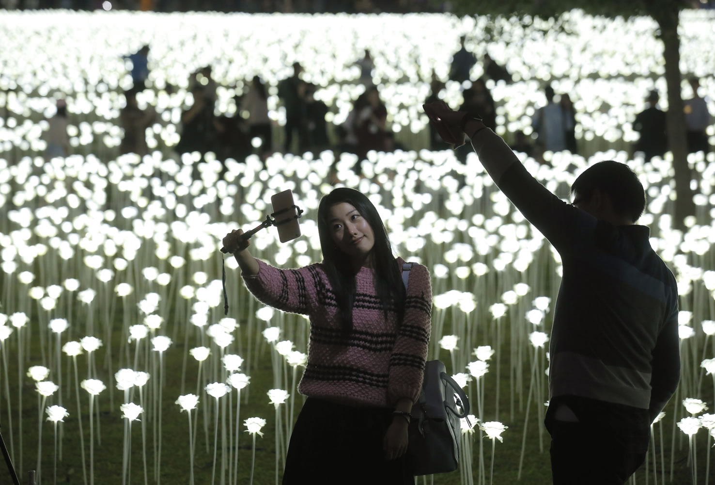 A woman takes a selfie in front of the LED lights roses at the Light Rose Garden in Hong Kong, Saturday, Feb. 13, 2016. ?Light Rose Garden&quot; is originated from South Korea, an art installation project featuring 25,000 white roses made of LED lights for Valentine?s Day.