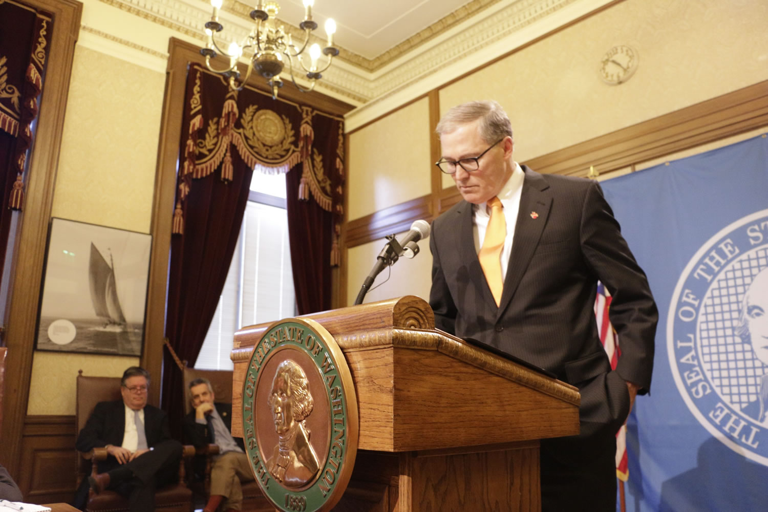 Gov. Jay Inslee speaks with the media Monday about the recent ouster on the Senate floor of his appointment to the state Department of Transportation in Olympia.