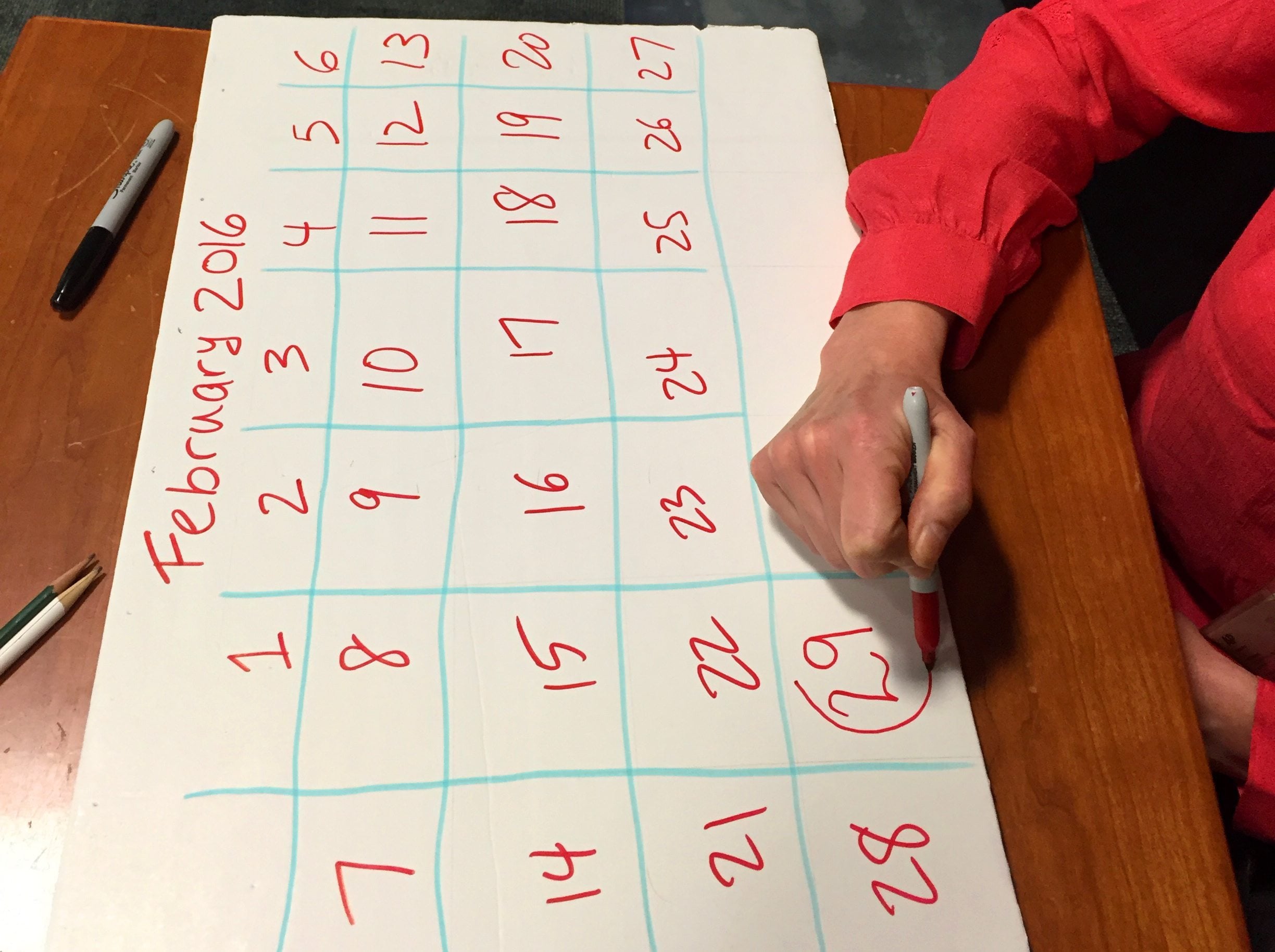 This Feb. 23, 2016 photo shows a homemade February 2016 calendar illustrating leap year. Feb. 29 is that extra day that rolls around every four years. Leap Year has a rich history, including table-turning marriage proposals fueled by marketing machine and playing directly into gender politics over decades.
