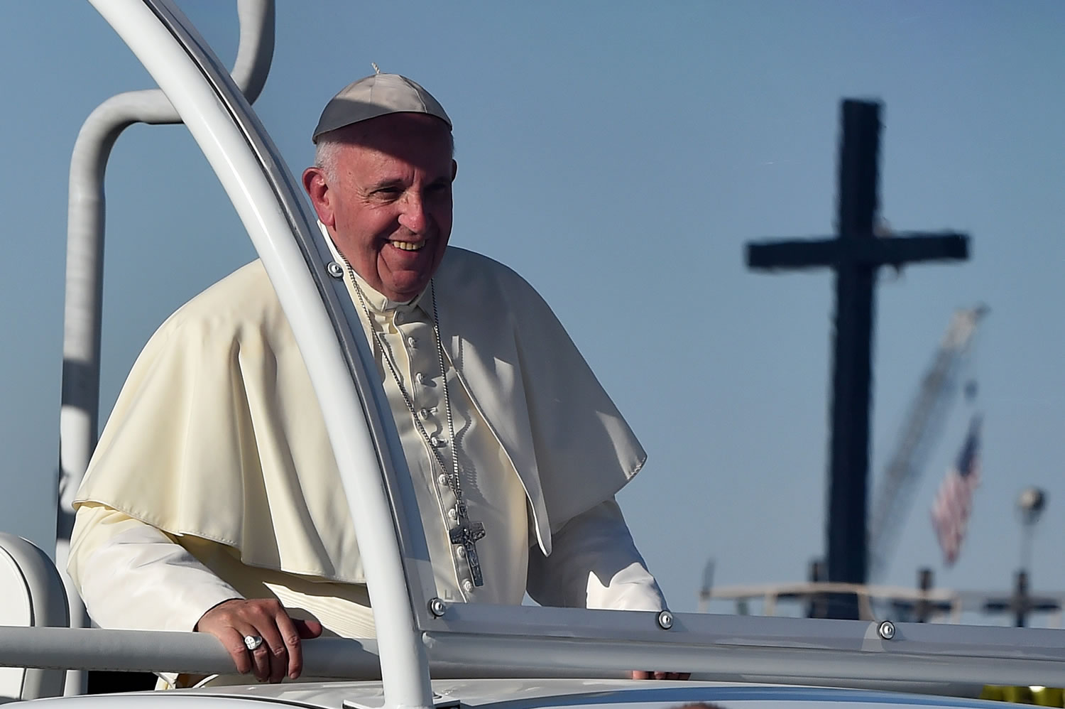 Pope Francis smiles upon arrival at the US-Mexico border in Ciudad Juarez, Mexico, Wednesday, Feb. 17, 2016. After a brief moment of prayer, Francis got back on his popemobile to head for the fairgrounds, where he celebrated his last Mass during a five-day Mexico tour.