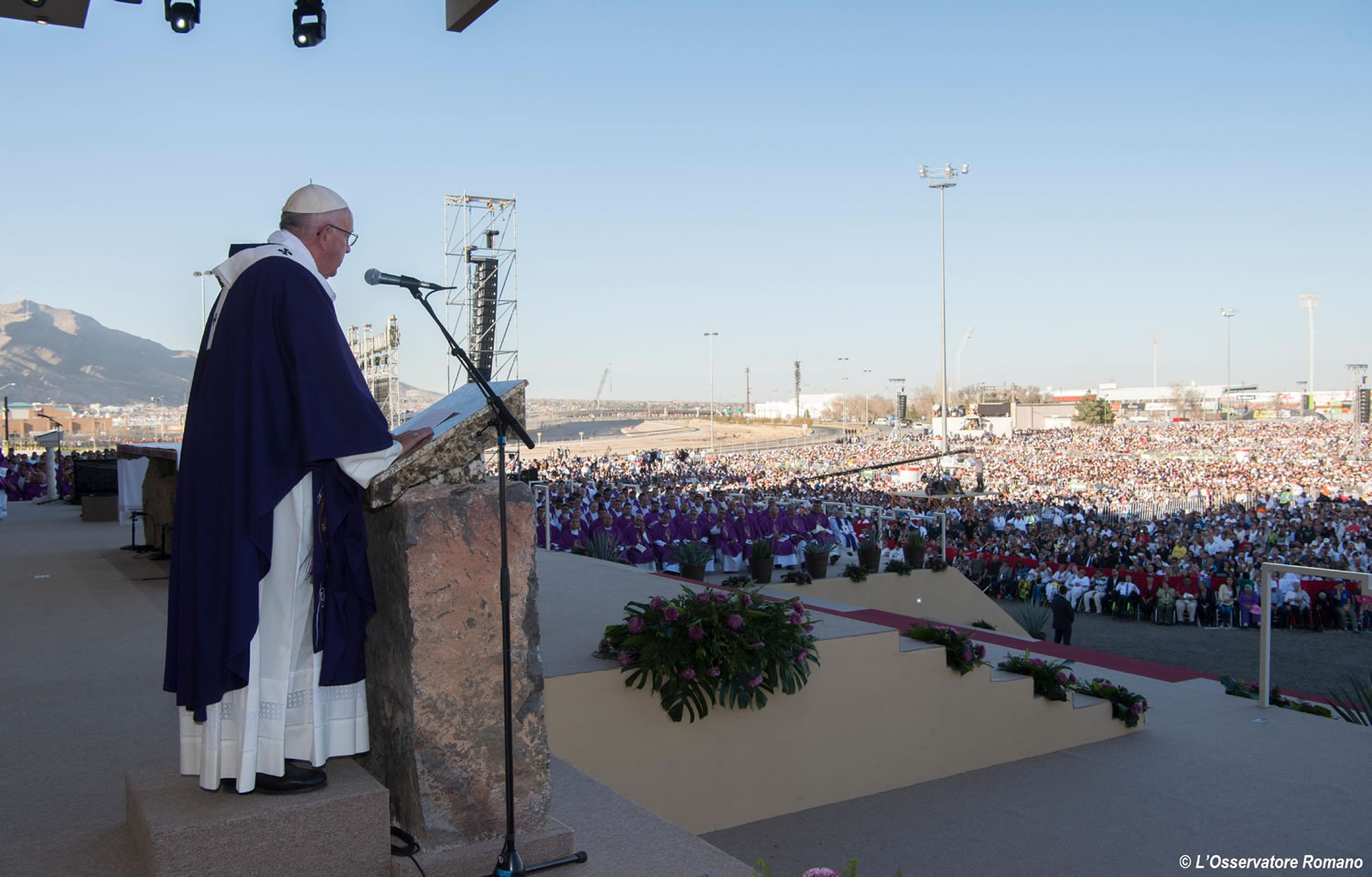 Pope Francis speaks during a mass he celebrated in Ciudad Juarez, Mexico, Wednesday, Feb. 17, 2016. Francis is on his way back to Italy after a five-day visit in Mexico.