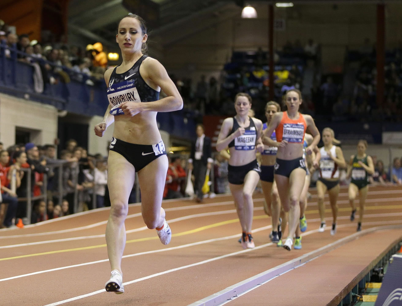 Shannon Rowbury, left, leads the pack on the second to last lap of the women&#039;s Wanamaker Mile at the Millrose Games, Saturday, Feb. 20, 2016, in New York. Rowbury, the defending champion, won the event.