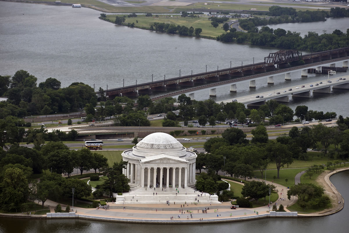 The Jefferson Memorial is seen from the Washington Monument in Washington. As the National Park Service celebrates its 100th anniversary, it faces billions of dollars in delayed maintenance for projects ranging from replacing water works at the Grand Canyon to making sure the Jefferson Memorial doesn&#039;t sink into the Tidal Basin.