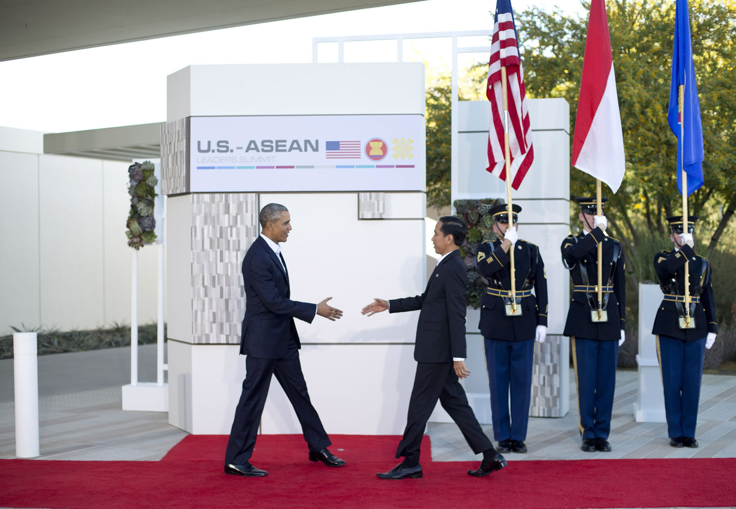 President Barack Obama greets Indonesian President Joko Widodo, right, at a meeting of ASEAN, the 10-nation Association of Southeast Asian Nations, at the Annenberg Retreat at Sunnylands in Rancho Mirage, Calif., on Monday.