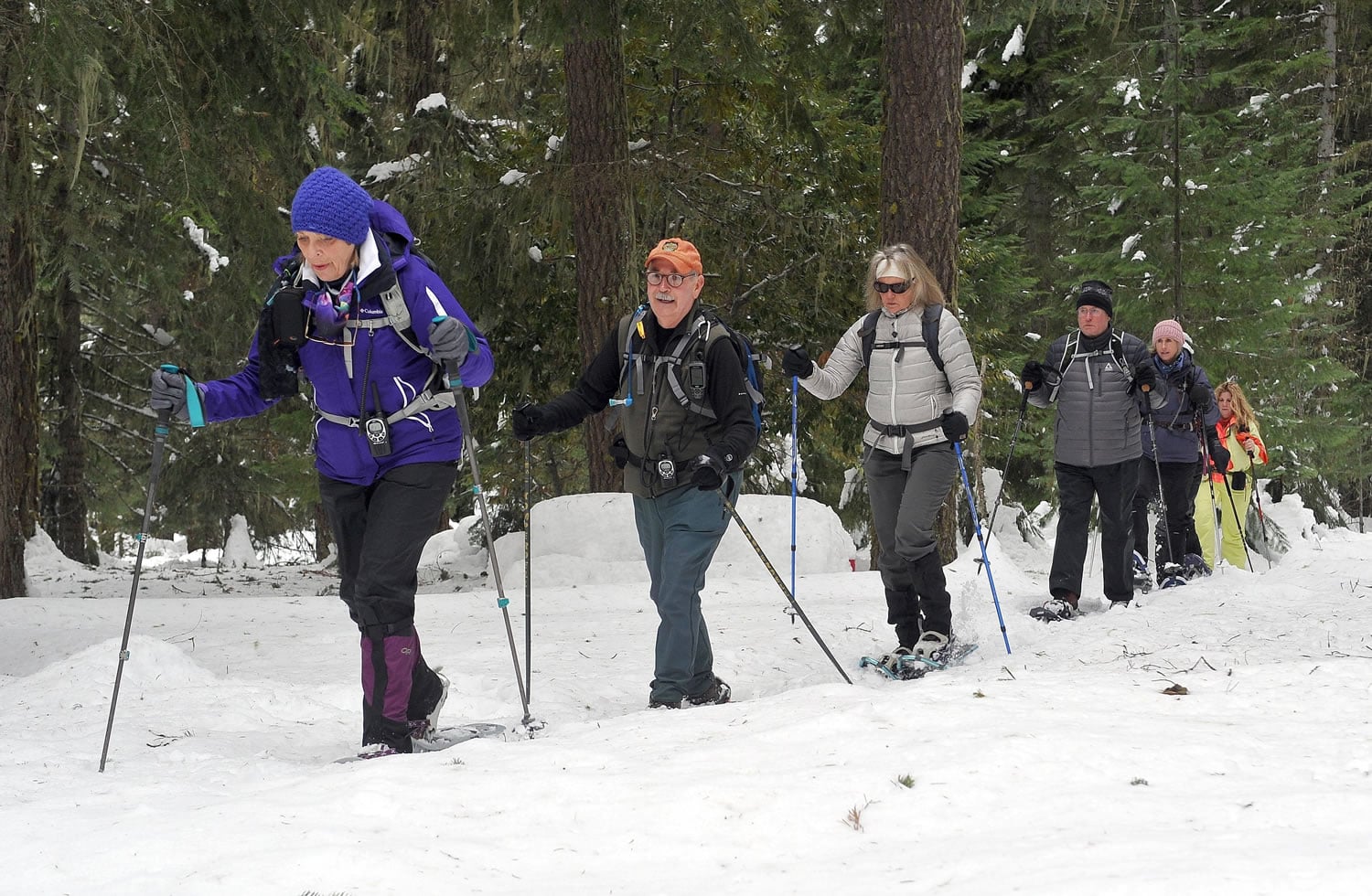 A snowshoeing group takes advantage of ample snow last month at Fish Lake, northeast of Medford, Ore.