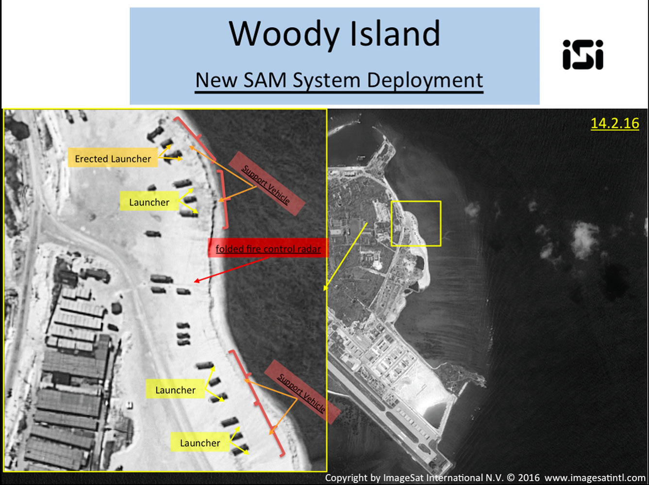 This image with notations provided by ImageSat International N.V., Wednesday, Feb. 17, 2016, shows satellite images of Woody Island, the largest of the Paracel Islands in the South China Sea. A U.S. official confirmed that China has placed a surface-to-air missile system on Woody Island in the Paracel chain, but it is unclear whether this is a short-term deployment or something intended to be more long-lasting. (ImageSat International N.V.