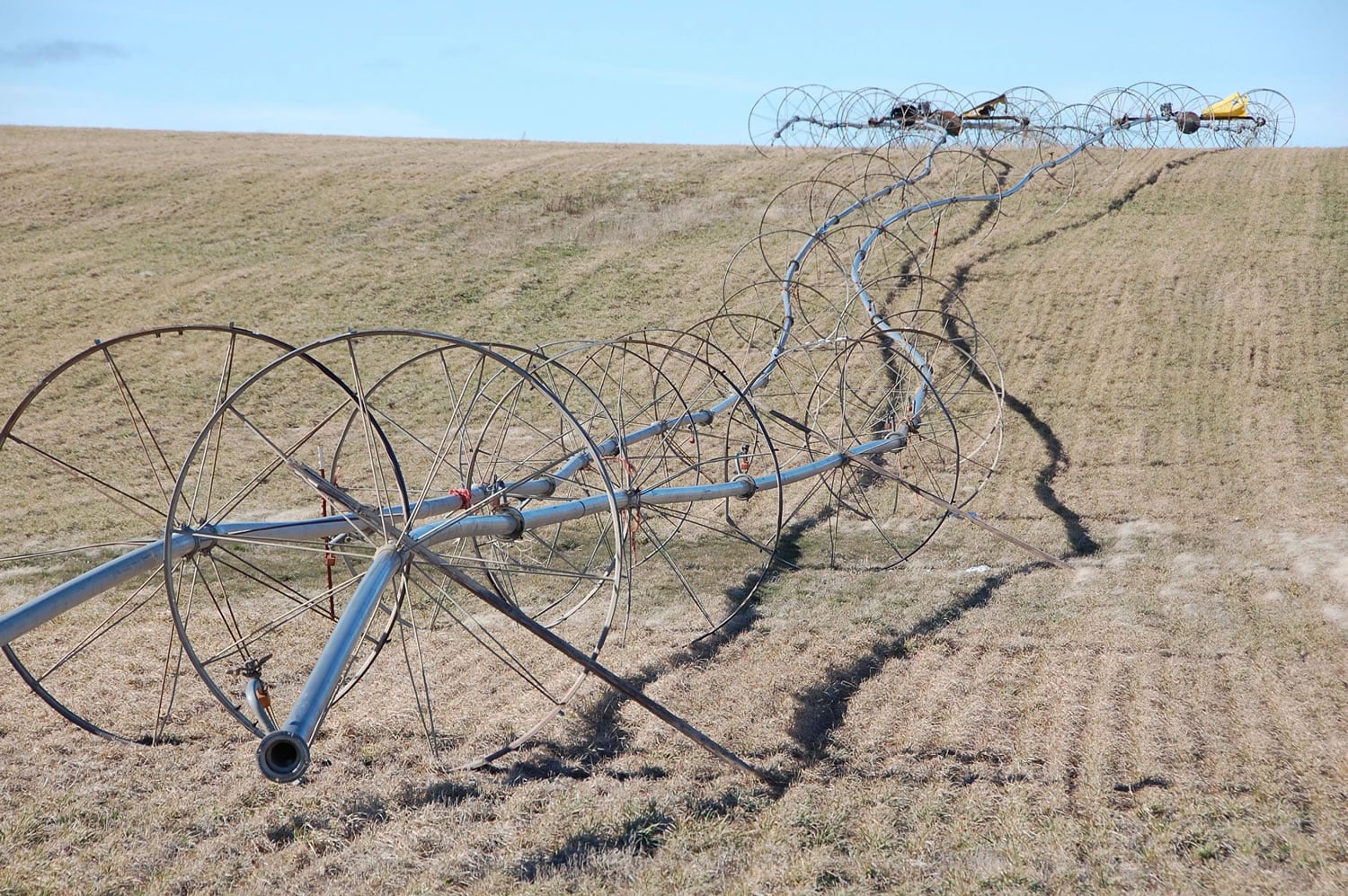 Wheel lines, which during growing season disperse water supplied by the North Unit Irrigation District, sit in a field south of Madras, Ore., on Feb. 2. Lawsuits over spotted frogs concern Central Oregon farmers.