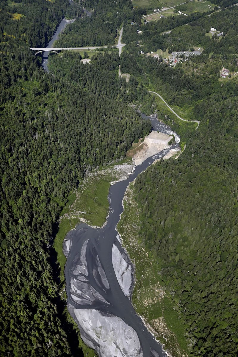 The Elwha River flows through what was Lake Aldwell and freely past the old Elwha Dam, at the bend at right, near Port Angeles in June 2014. Scientists are working to develop templates for habitat restoration to bolster struggling salmon and steelhead populations.