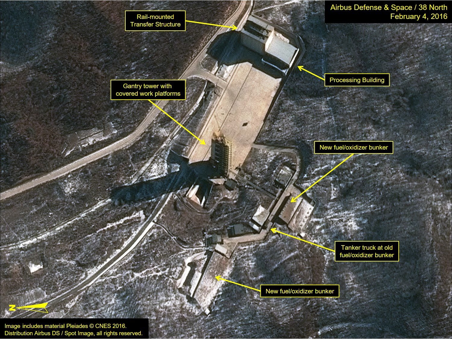 This image provided by the U.S.-Korea Institute at the Johns Hopkins School of Advanced International Studies via 38 North and via a satellite image from Centre National dÉtudes Spatiales and Airbus Defense &amp; Space / Spot Image, shows a satellite image captured Feb. 4, 2016, of the Sohae lauch facility on the west coast of North Korea, in Cholsan County, North Pyongan Province. The website 38 North says that North Korea appears to have brought in fuel in preparation for a rocket launch it plans to conduct in defiance of international sanctions this month.