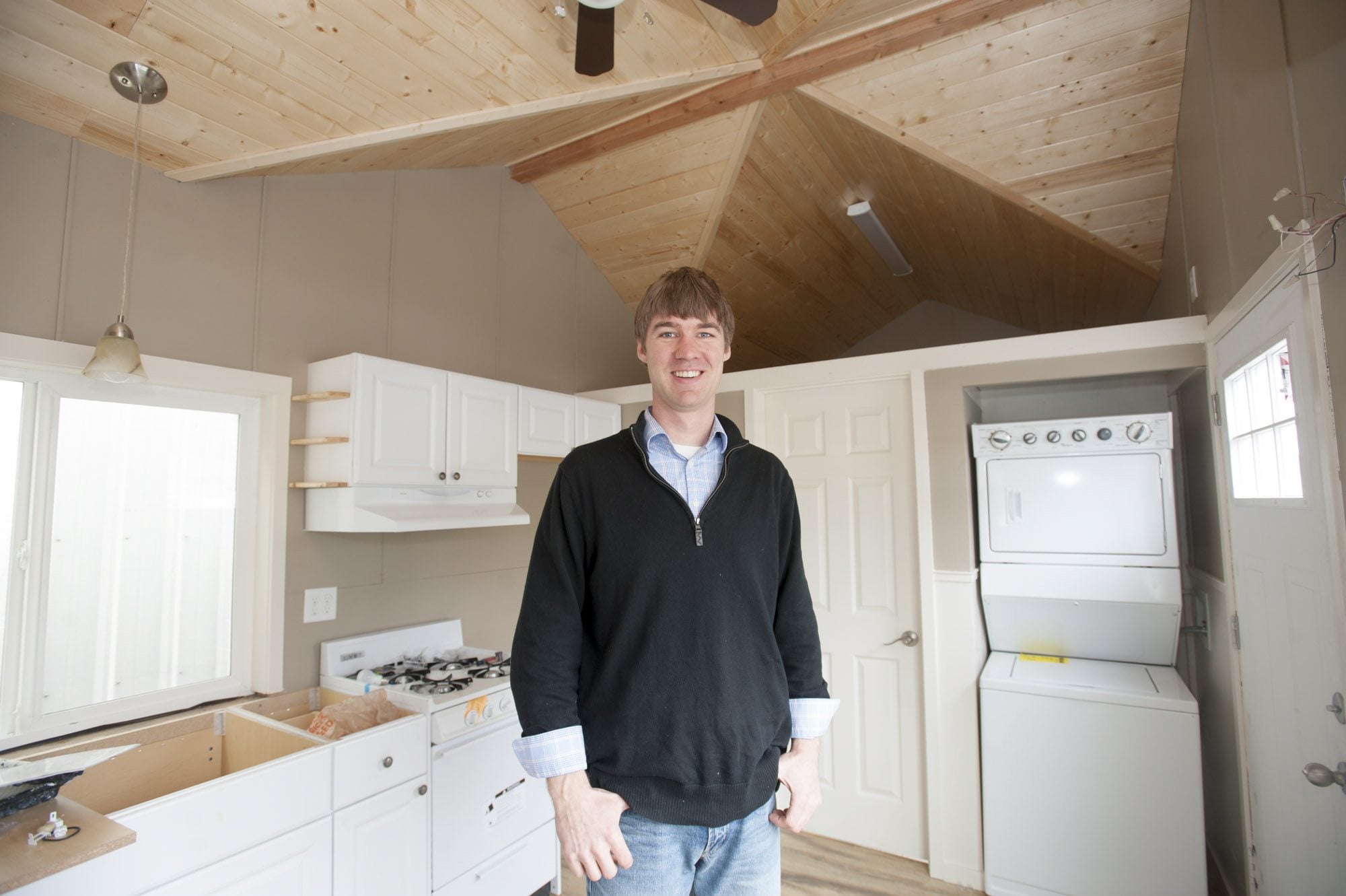 Derek Huegel, owner and founder of Wolf Industries in Battle Ground, is pursuing his latest project: tiny homes. Huegel is hoping to begin selling the homes, such as this 250-square-foot unit, later this year, but the homes aren&#039;t allowed currently in unincorporated Clark County.