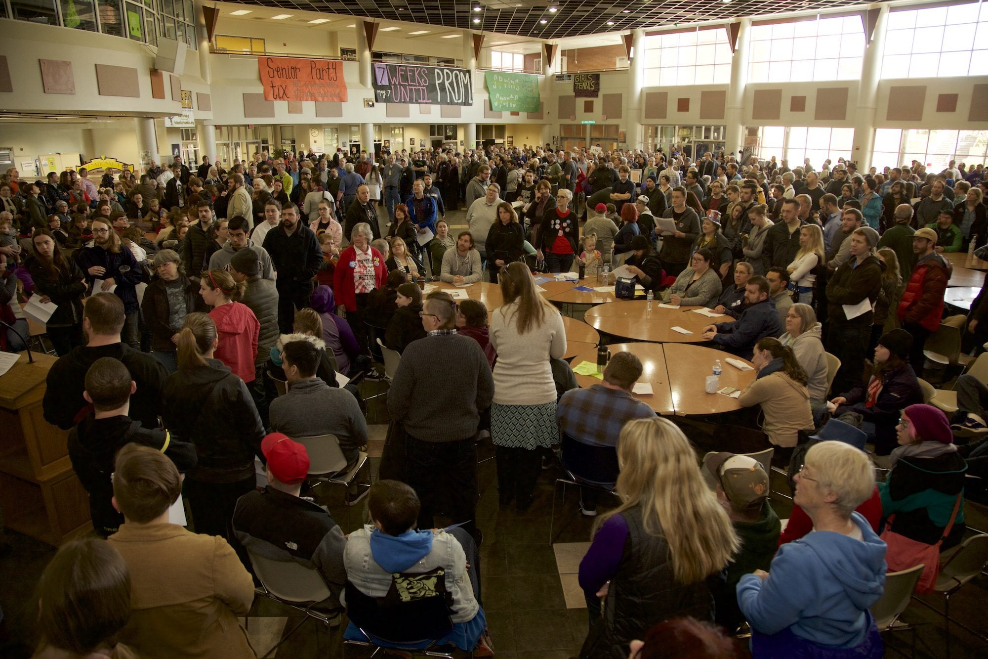 Democratic caucus-goers fill the cafeteria Saturday at Hudson's Bay High School.
