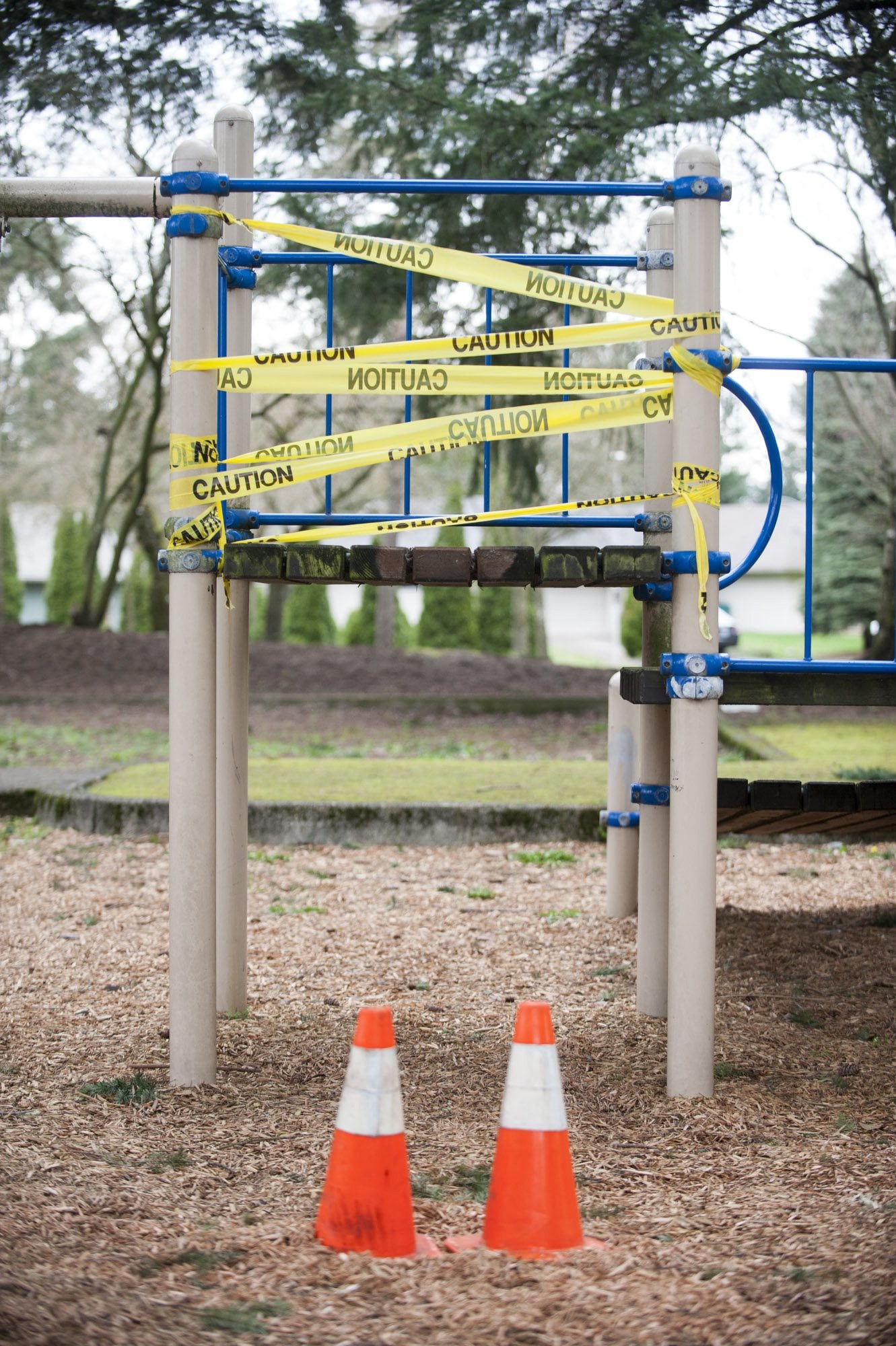 A broken play structure at Cascade Park in Vancouver is wrapped in &quot;caution&quot; tape. The city is spending $50,000 on new playground equipment for the park.