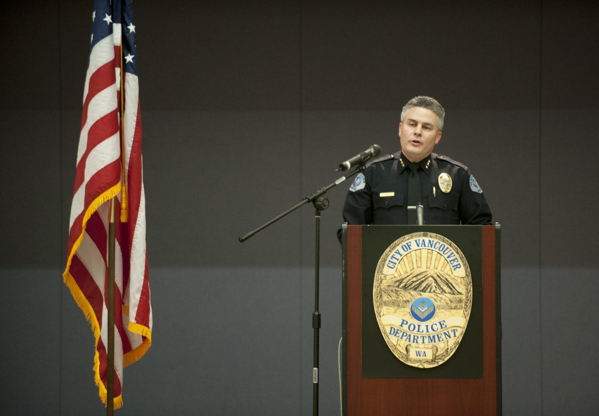 Vancouver Police Department Chief James McElvain speaks at the department's annual recognition and awards ceremony in March.