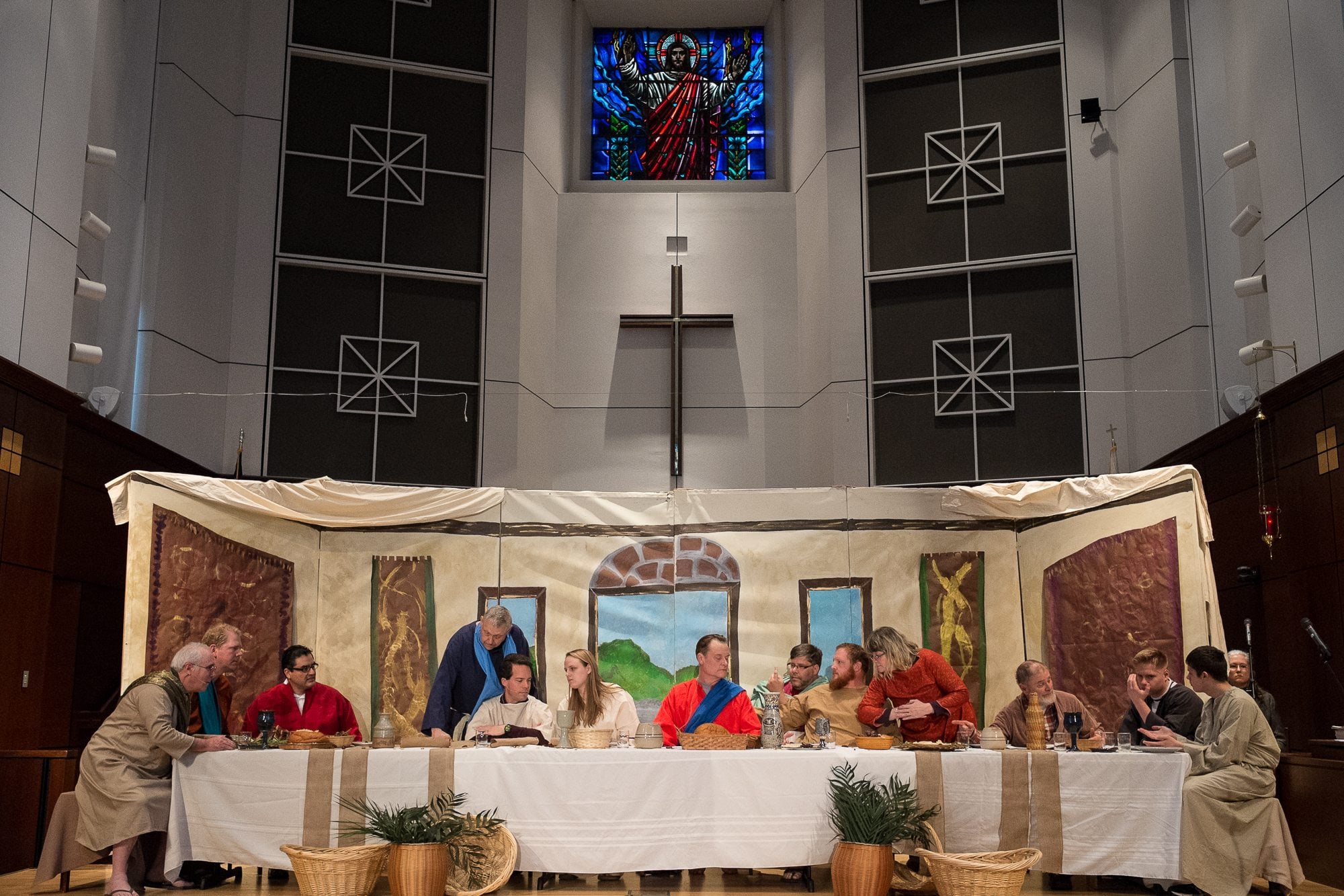 Members of the First United Methodist Church in Vancouver pose in the exact positions Wednesday as the figures in Leonardo da Vinci&#039;s The Last Supper painting during a dress rehearsal for Maundy Thursday.