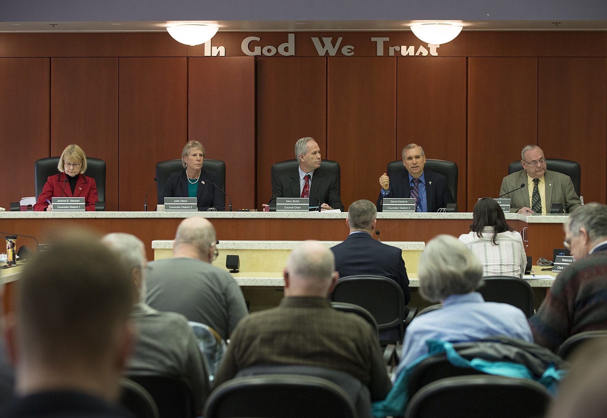 Clark County Councilors, from left, Jeanne Stewart, Julie Olson, Marc Boldt, David Madore and Tom Mielke listen to testimony from local residents on March 22 at the Clark County Public Service Center.