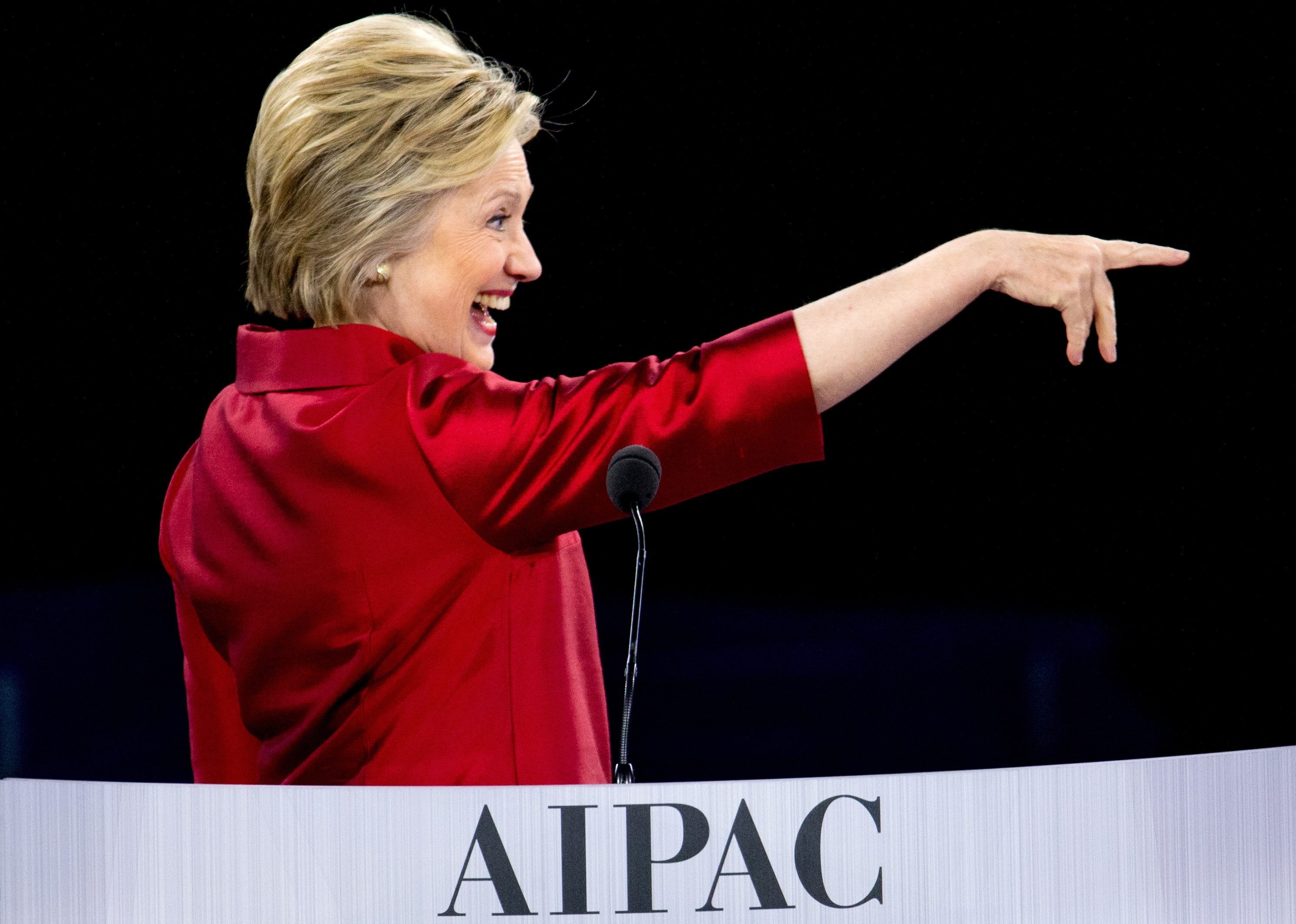 Democratic presidential candidate Hillary Clinton points after speaking at the 2016 American Israel Public Affairs Committee (AIPAC) Policy Conference, Monday, March 21, 2016, at the Verizon Center in Washington.