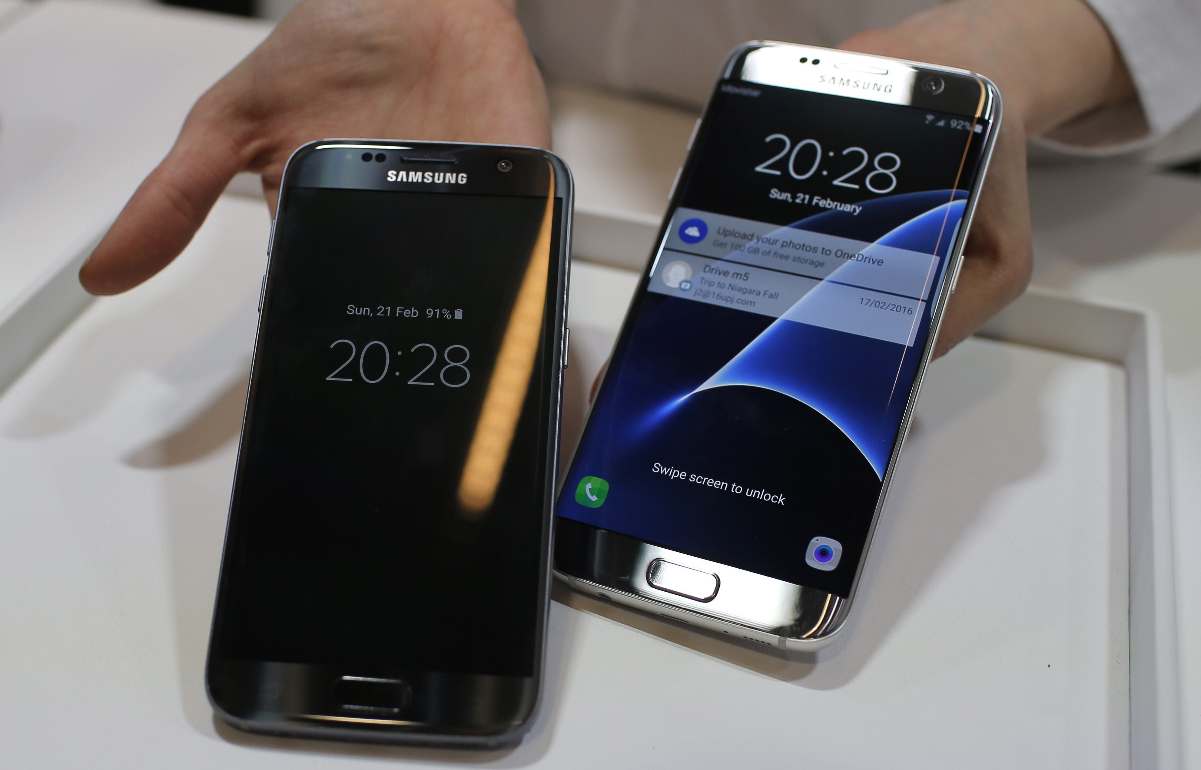 A Samsung Galaxy S7, left, and S7 Edge are displayed during the Samsung Galaxy Unpacked 2016 event on the eve of the Mobile World Congress wireless show last month in Barcelona, Spain. Samsung&#039;s phone cameras have shown tremendous improvements in just a few years. The new Galaxy S7 and S7 Edge phones take better pictures than last year&#039;s S6 models. They are neck and neck with Apple&#039;s iPhones, such that you no longer have to compromise on picture quality if you prefer Android.
