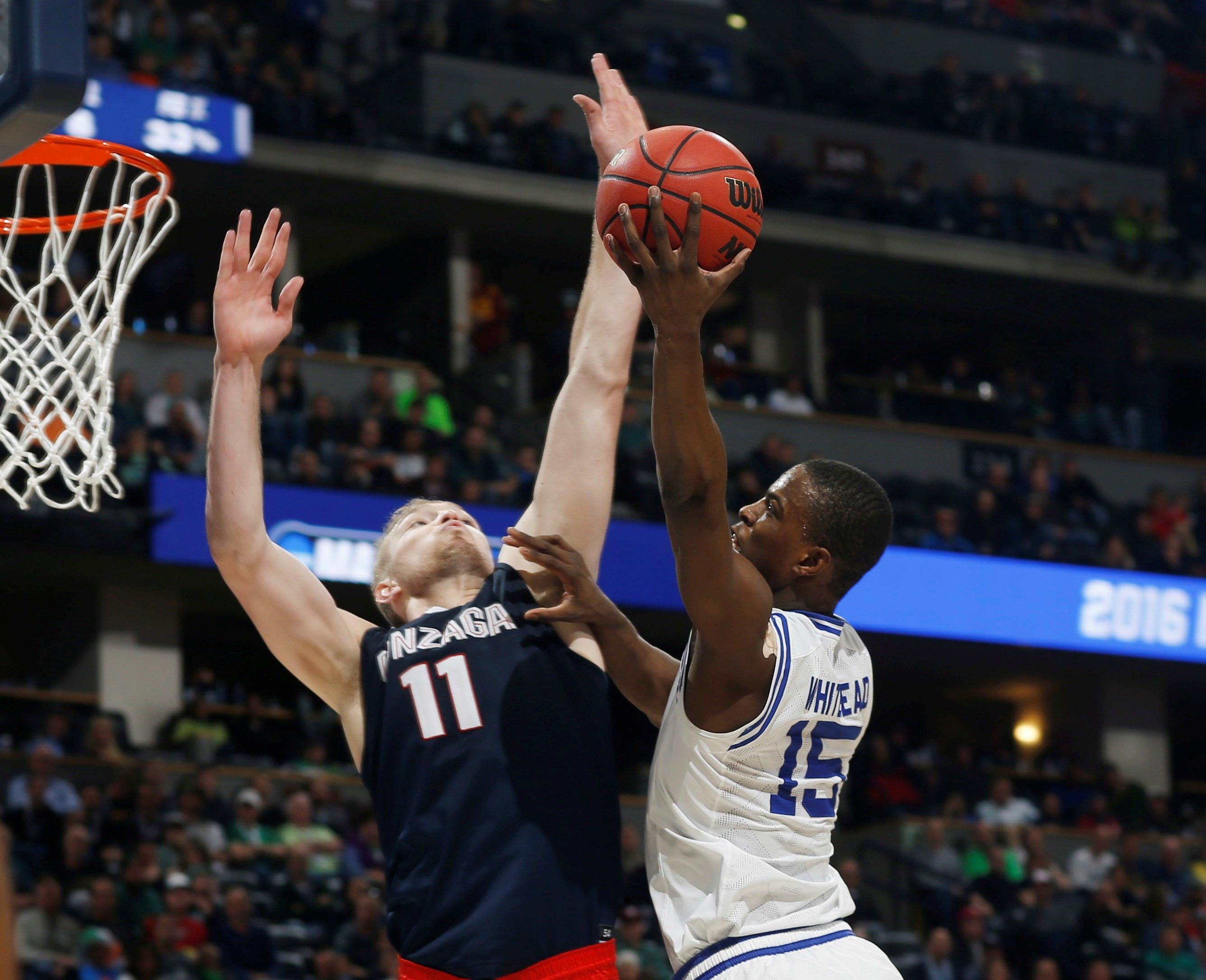 Seton Hall guard Isaiah Whitehead, right, drives for a shot as Gonzaga forward Domantas Sabonis defends during the second half of a first-round men's college basketball game Thursday, March 17, 2016, in the NCAA Tournament in Denver. Gonzaga won 68-52.