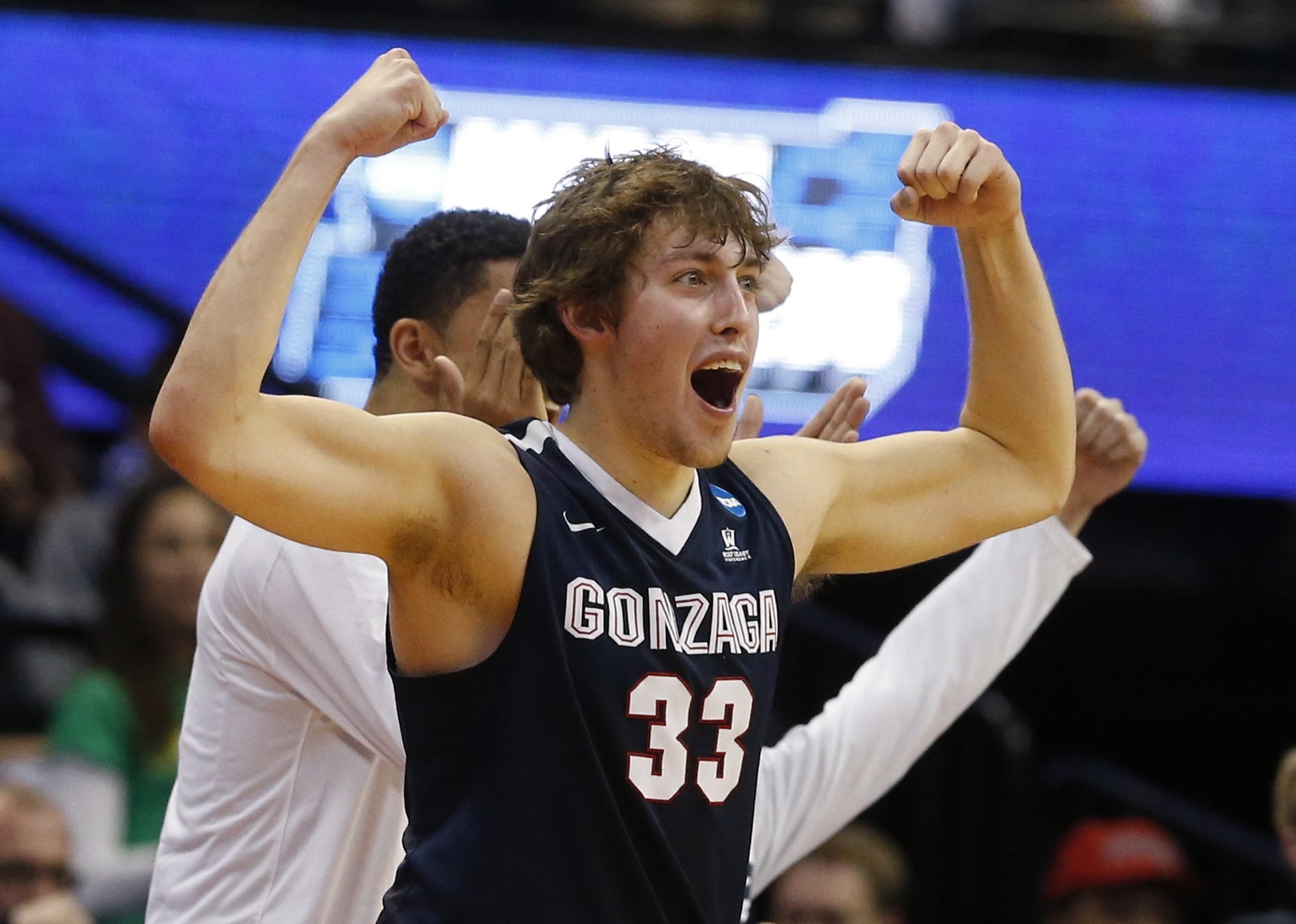 Gonzaga forward Kyle Wiltjer celebrates as times runs out in a second-round men's college basketball game against Utah on Saturday, March 19, 2016, in the NCAA Tournament in Denver. Gonzaga won 82-59.
