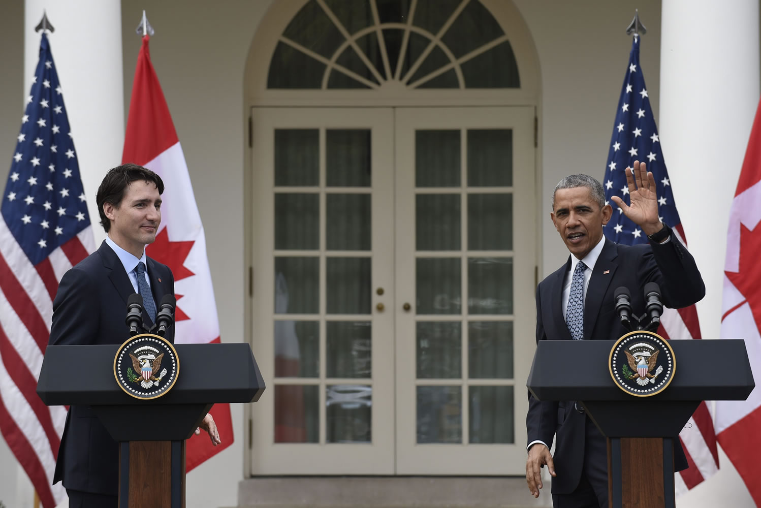 President Barack Obama and Canadian Prime Minister Justin Trudeau conclude their news conference in the Rose Garden of White House in Washington, Thursday, March 10, 2016.