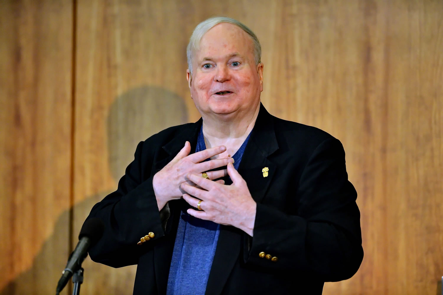 Author Pat Conroy speaks to a crowd May 16, 2014, during a ceremony at the Hollings Library in Columbia, S.C. Conroy, whose best-selling novels drew from his own sometimes painful experiences and evoked vistas of the South Carolina coast and its people, has died at age 70. Todd Doughty, executive director of publicity at publisher Doubleday, says Conroy died Friday evening at his home in Beaufort surrounded by family and loved ones.