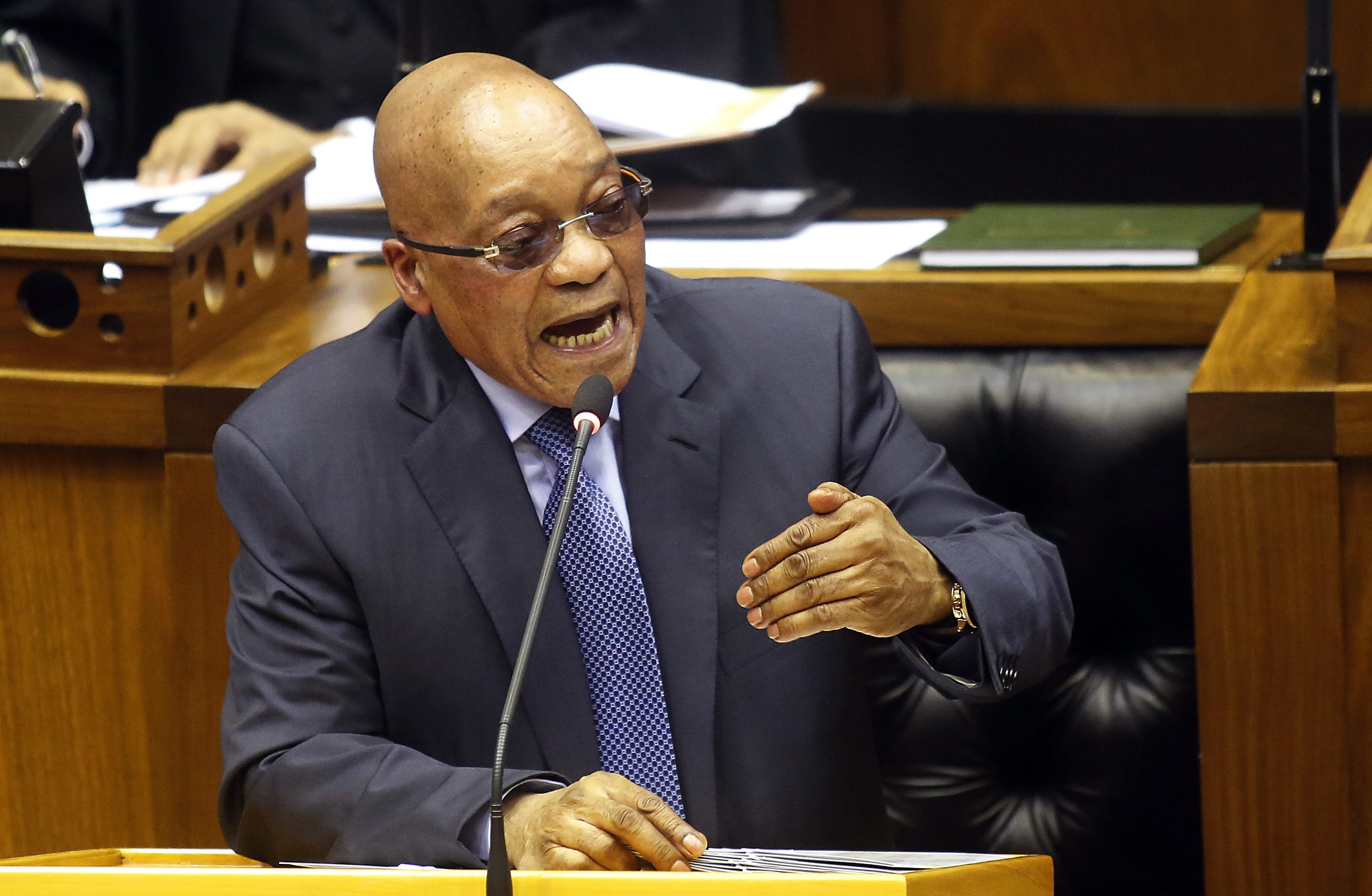 South African president Jacob Zuma, answers questions in parliament from the DA, Democratic Alliance political party in Cape Town, South Africa, Thursday, March 17,  2016. In a tumultuous session of Parliament on Thursday, South Africa&#039;s president rejected allegations that he is influenced by a wealthy business family, saying that he is in charge of the appointment of Cabinet ministers.