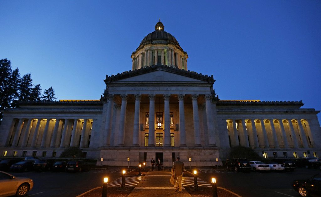 The Legislative Building is shown at dusk at the Capitol in Olympia. (AP Photo/Ted S.