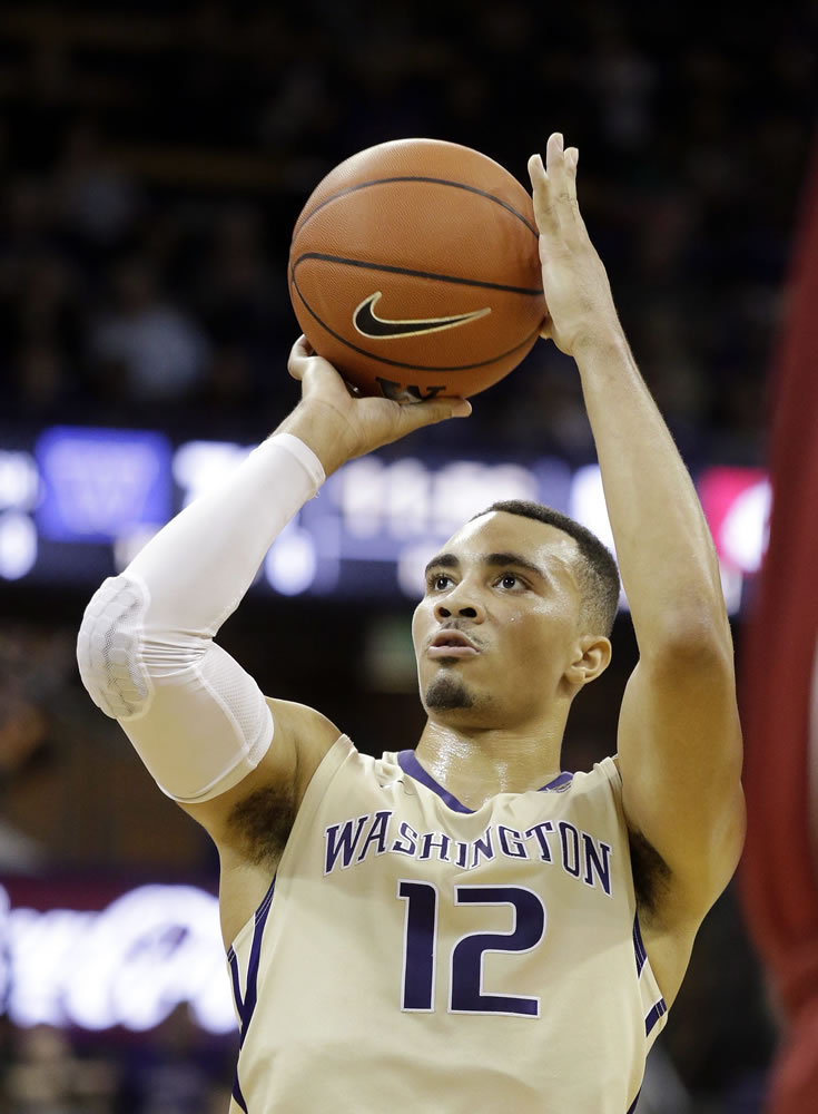 Washington&#039;s Andrew Andrews shoots a free throw during the second half of an NCAA college basketball game Wednesday, March 2, 2016, in Seattle. Andrews led all scorers with 47 points as Washington won 99-91.