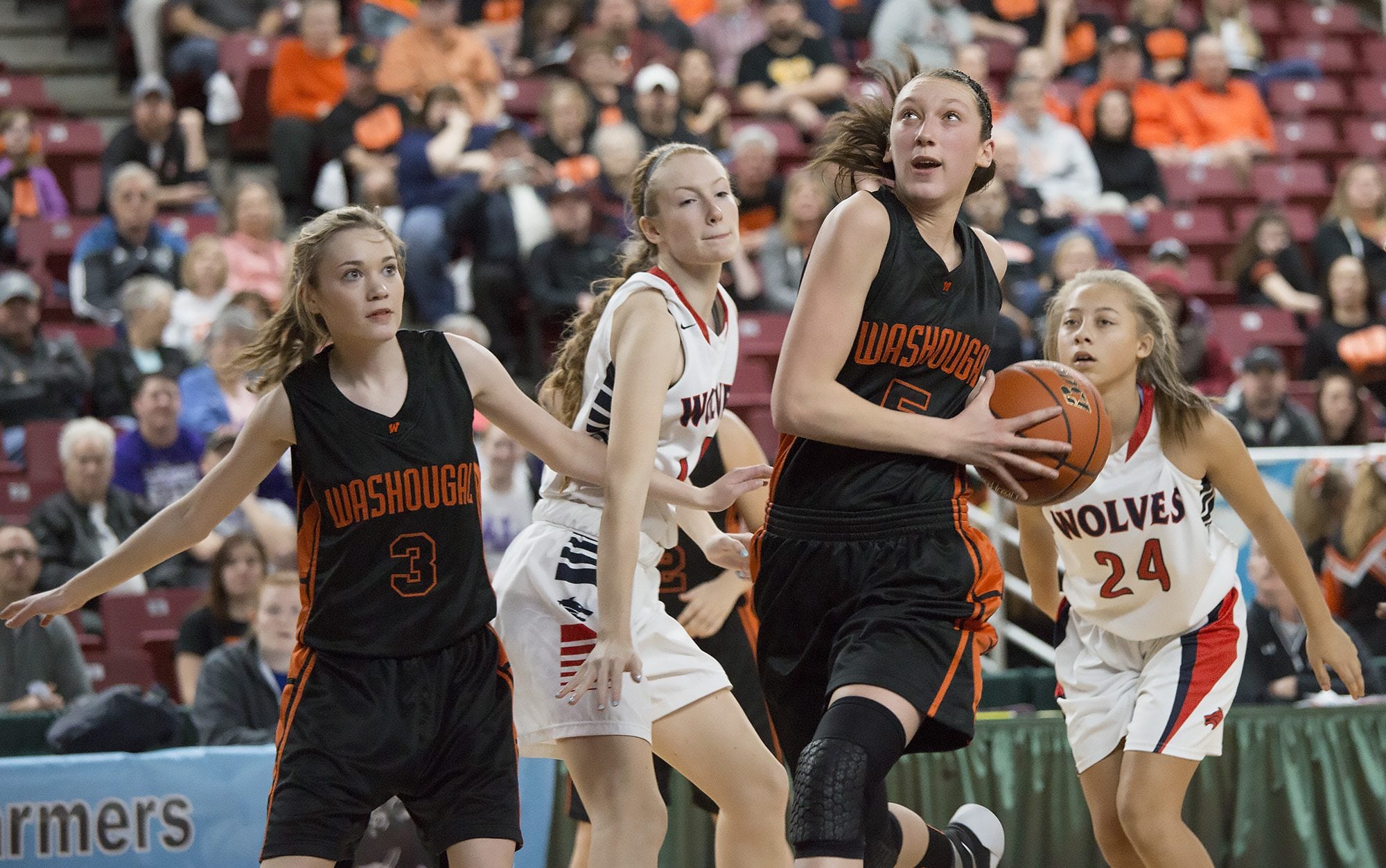 Washougal High School’s Beyonce Bea drives to the basket in the second half of Washougal’s game  against Black Hills High School in the class 2A girls state basketball tournament March 5, 2016 in the Yakima SunDome in Yakima, Wash.