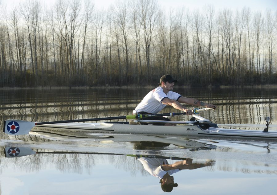 Anthony Davis rows on Vancouver Lake on Monday, January 25, 2015, in preparation for the 2016 Paralympics in Rio. Davis, who never rowed before 2009, qualified for the Paralympic/Adaptive National rowing team in 2012.