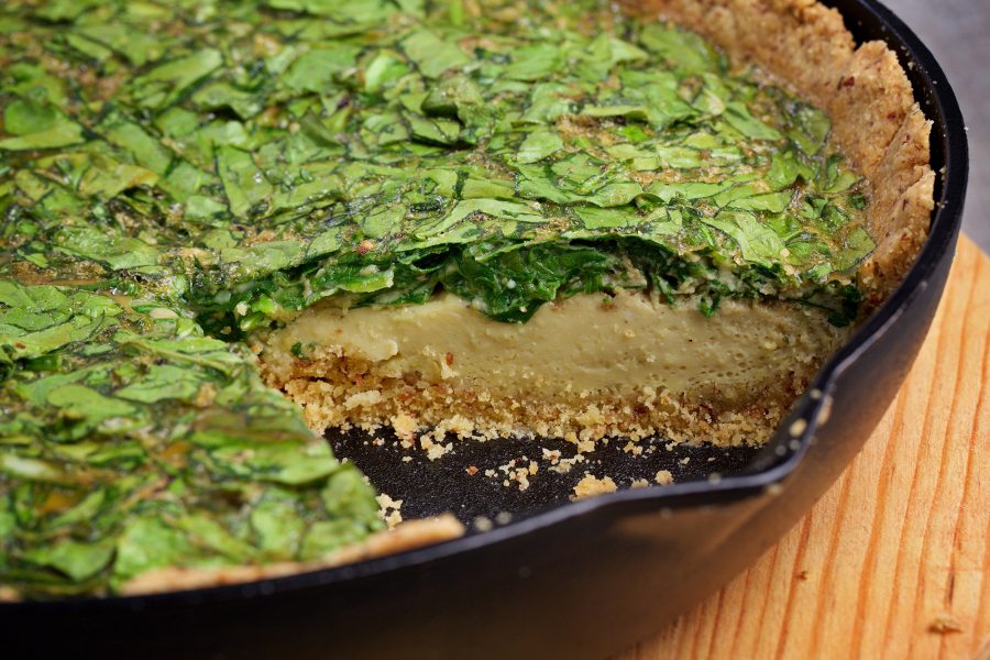 Skillet spinach and chive quiche.