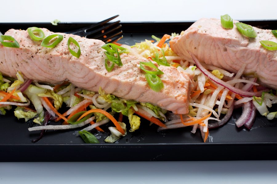 Green Tea-Poached Salmon With Asian Slaw.