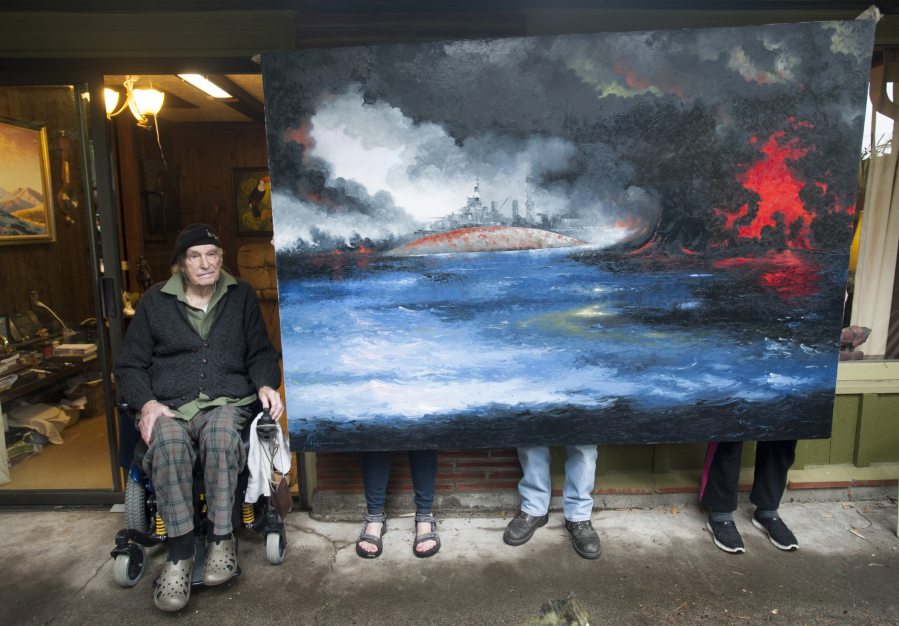 World War II veteran and retired art teacher Gordon Sage with the 7-foot-wide painting of Pearl Harbor, held upright by neighbors and his daughter, Donna. Sage was serving on a ship in Pearl Harbor when the Japanese attacked on Dec. 7, 1941.