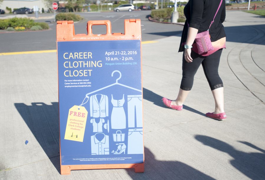 A sandwich board at Clark College announces the Career Clothing Closet, which provides students with professional clothing for job interviews and their careers.