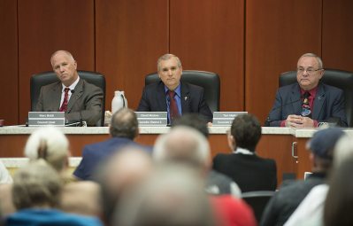 Clark County council Chair Marc Boldt, from left, listens to testimony with Councilors David Madore and Tom Mielke on Tuesday evening.